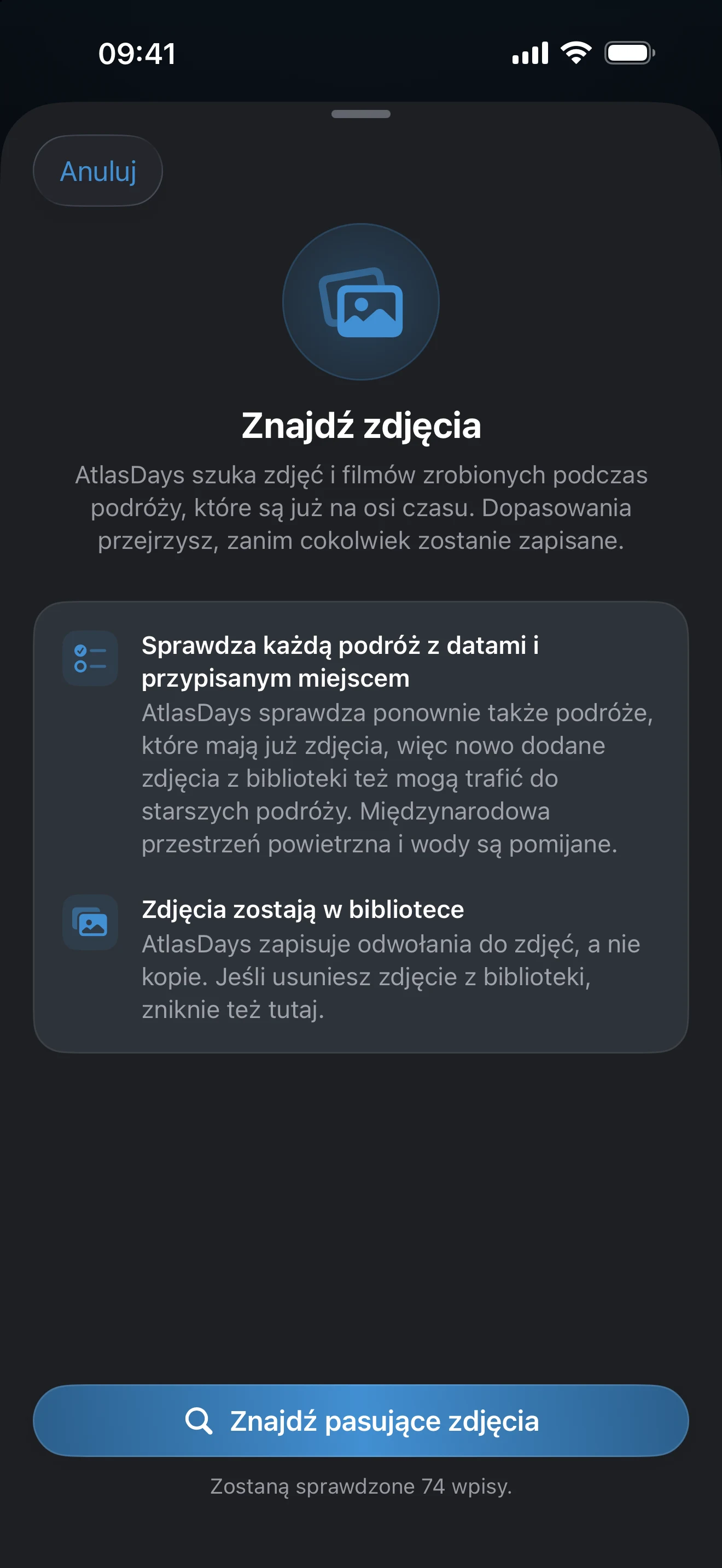 Arkusz Znajdź zdjęcia z przyciskiem Znajdź pasujące zdjęcia