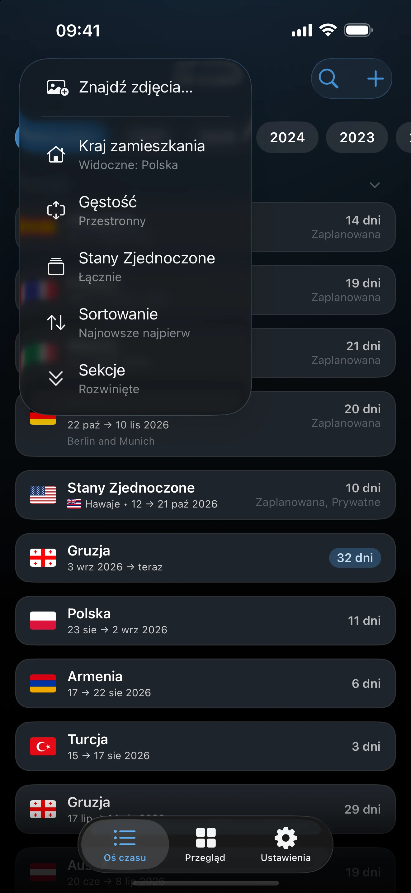 Menu ekranu Oś czasu z pozycjami Rozwiąż kolizje, Znajdź zdjęcia, Kraj zamieszkania, Gęstość, Stany Zjednoczone, Sortowanie i Sekcje