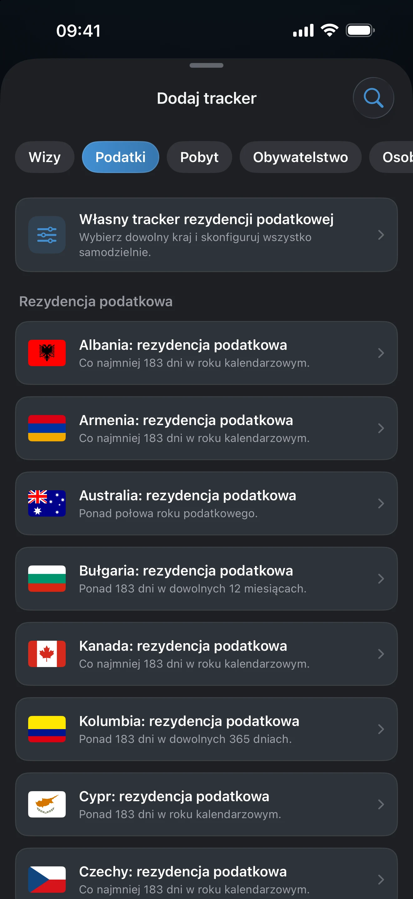 Lista „Dodaj tracker” zawężona filtrem Podatki