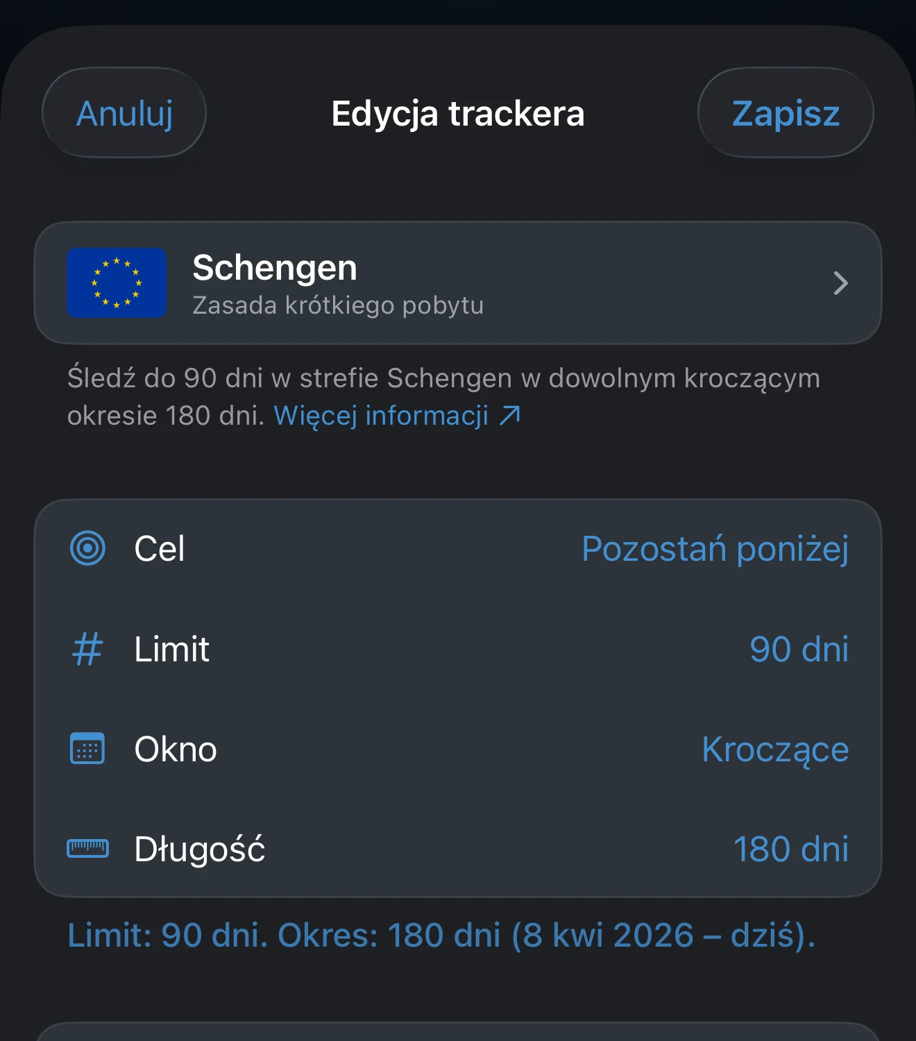 Edytor trackera z ustawieniami limitu i okna
