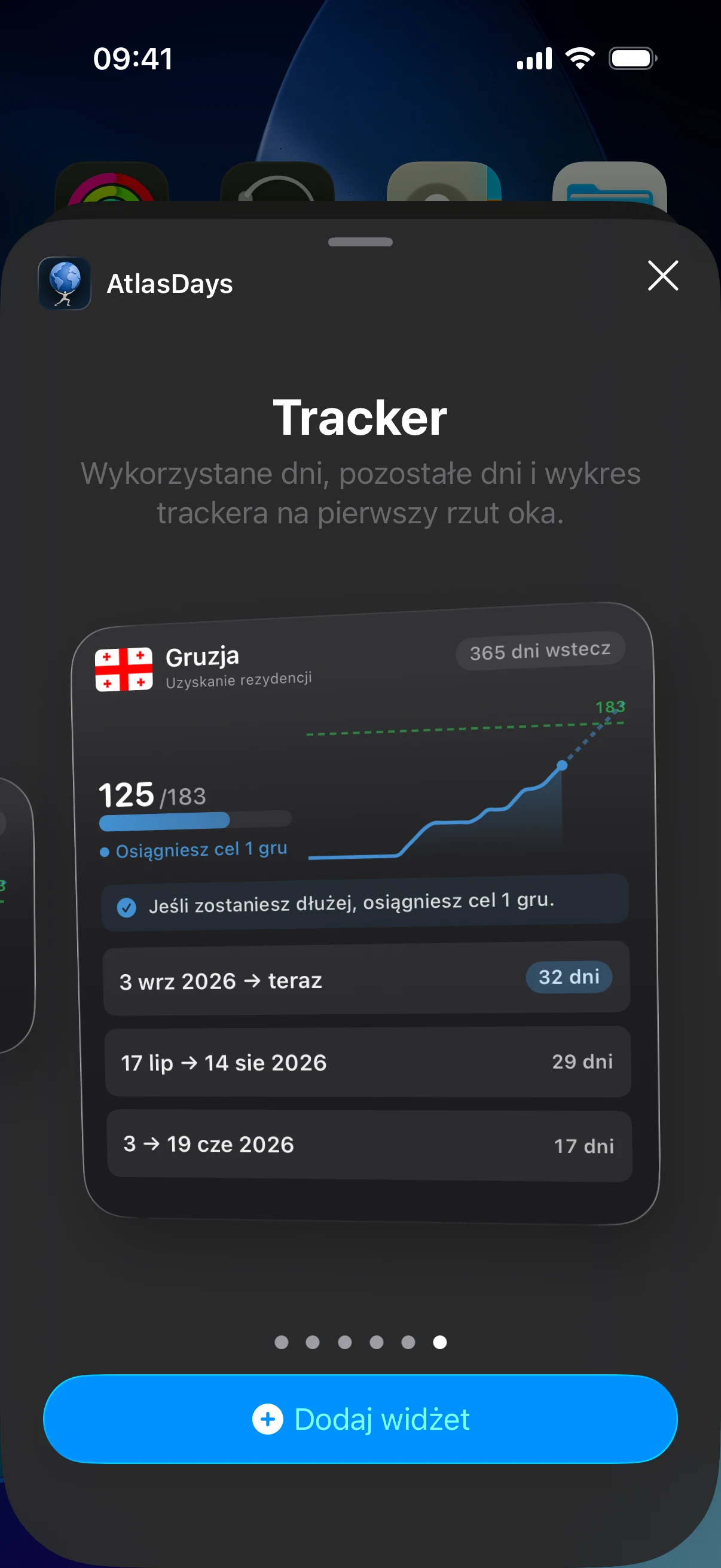 Galeria widżetów iOS z widżetami AtlasDays Tracker i Mapa świata