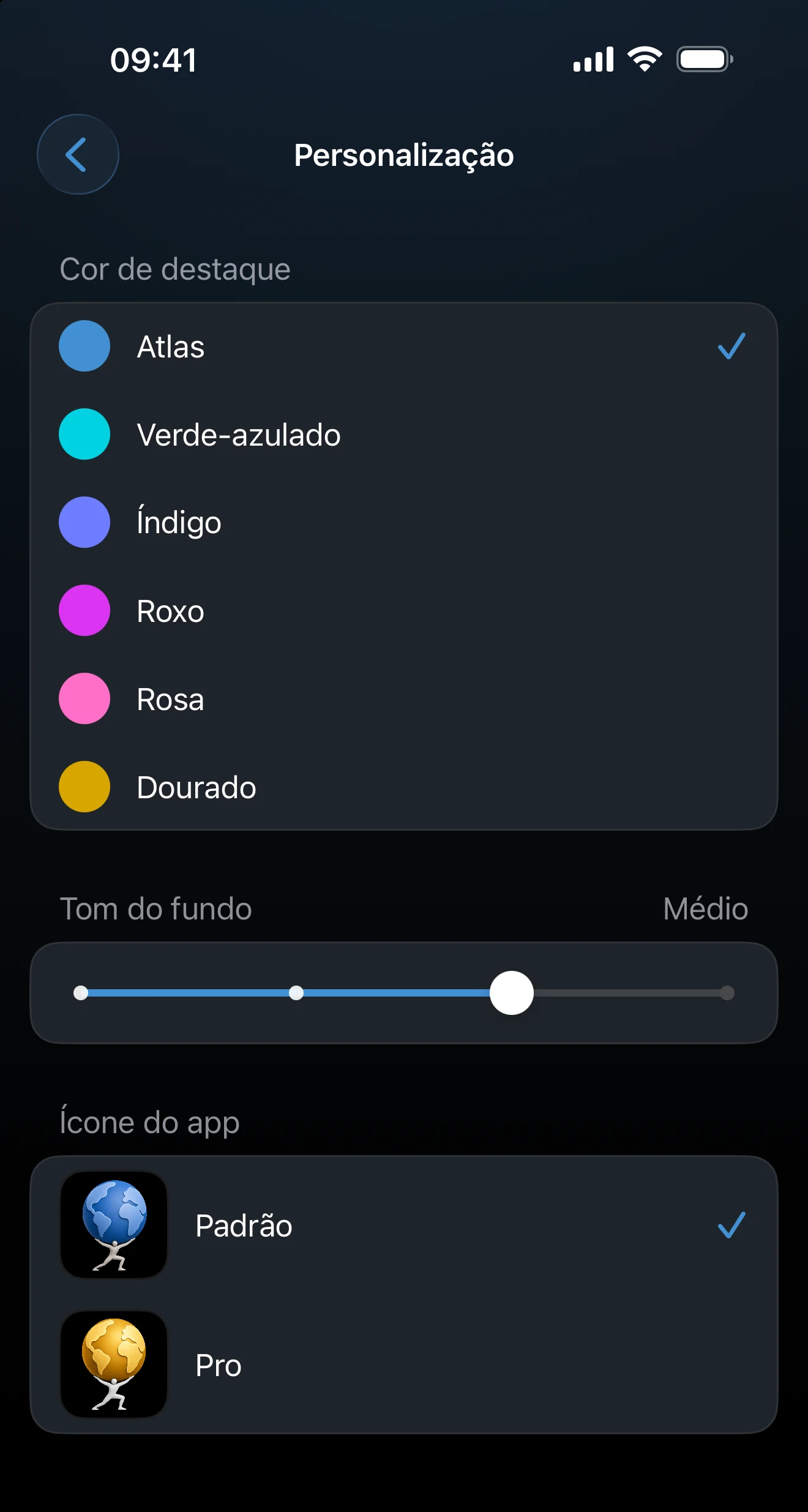 Tela Personalizar com cor de destaque, tom do fundo e ícone do app