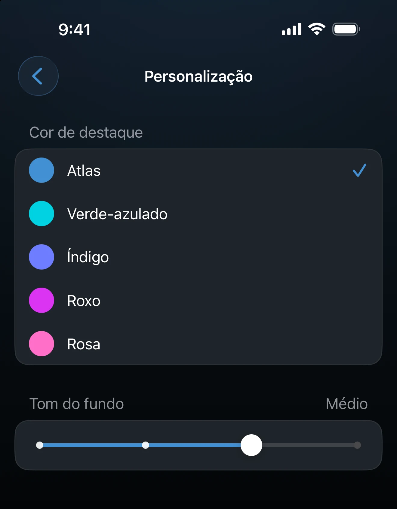 Tela Personalização com as cores de destaque e o controle do tom do fundo