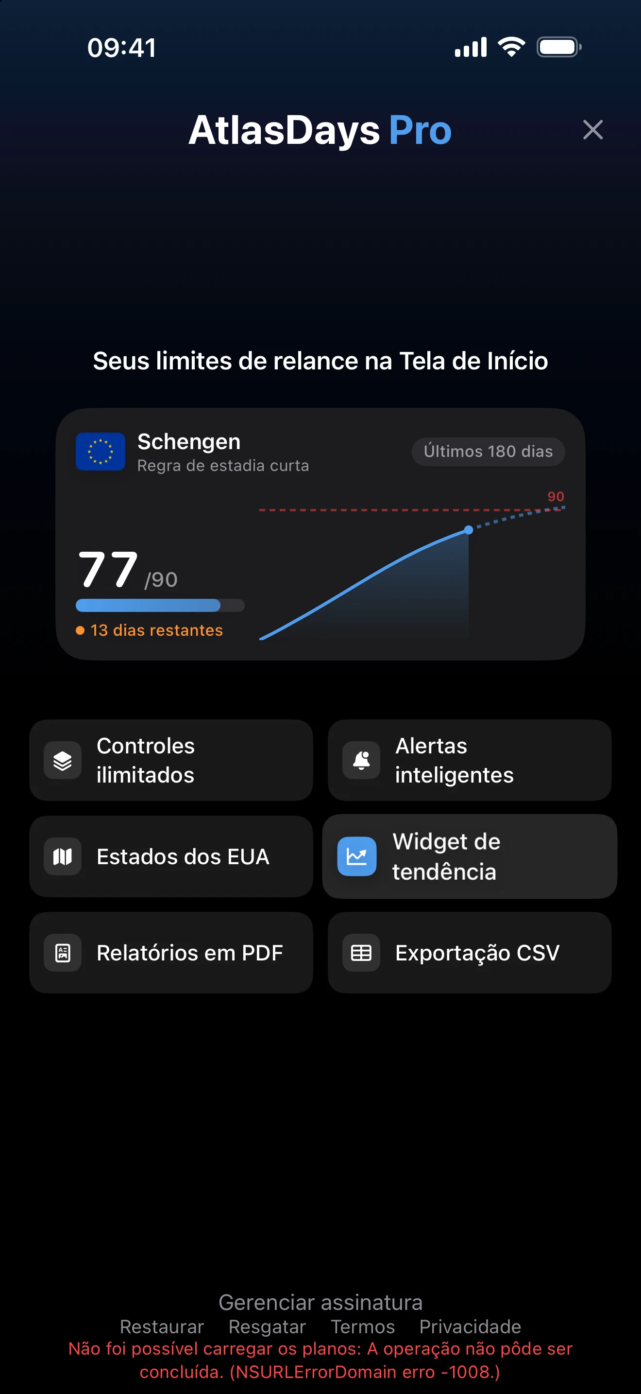 Tela atual do AtlasDays Pro com a lista de recursos