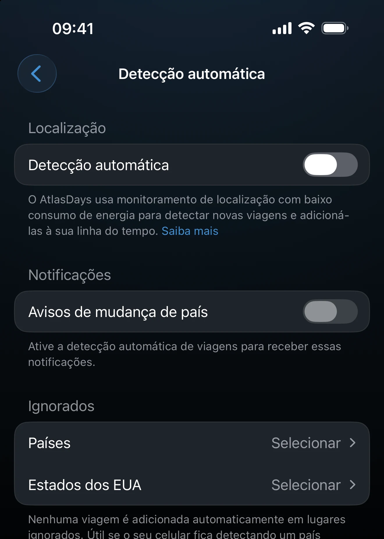 Ajustes da detecção automática de viagens com os controles de localização e de notificações