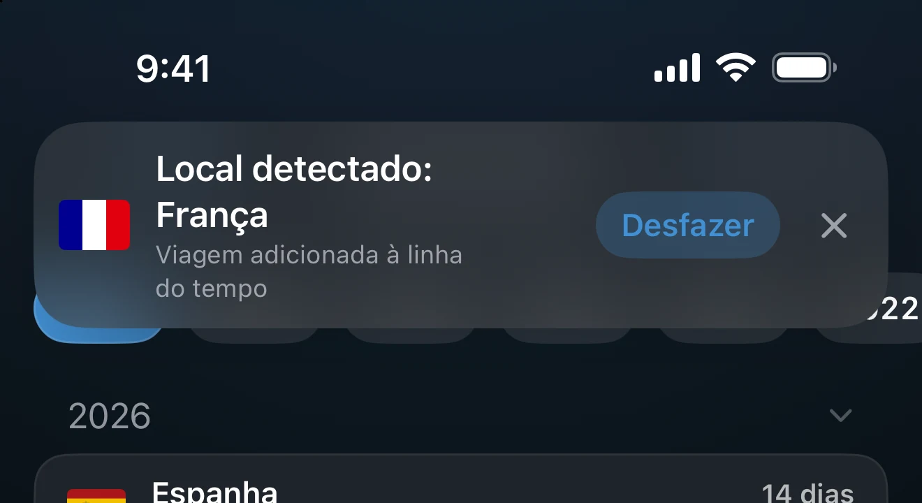 Aviso no app anunciando um país detectado, com o botão Desfazer