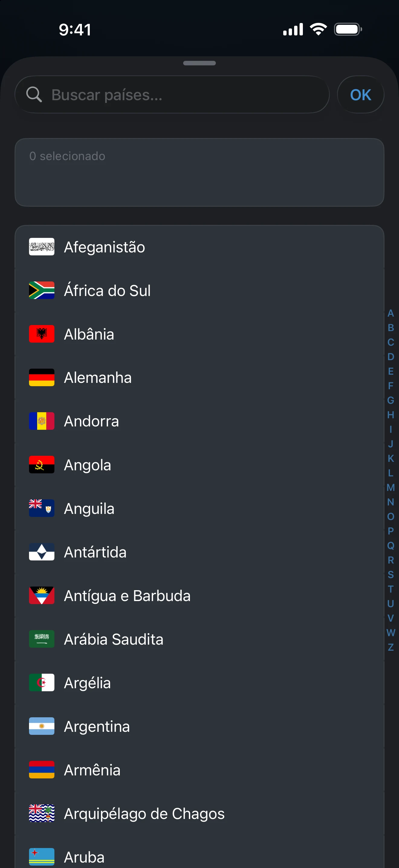 Lista de ignorados da detecção automática com países selecionados