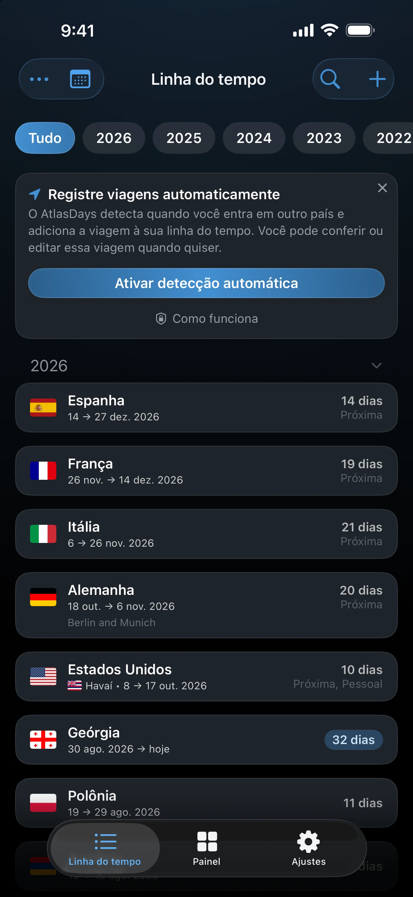 Cartão da Linha do tempo que oferece ativar a detecção automática