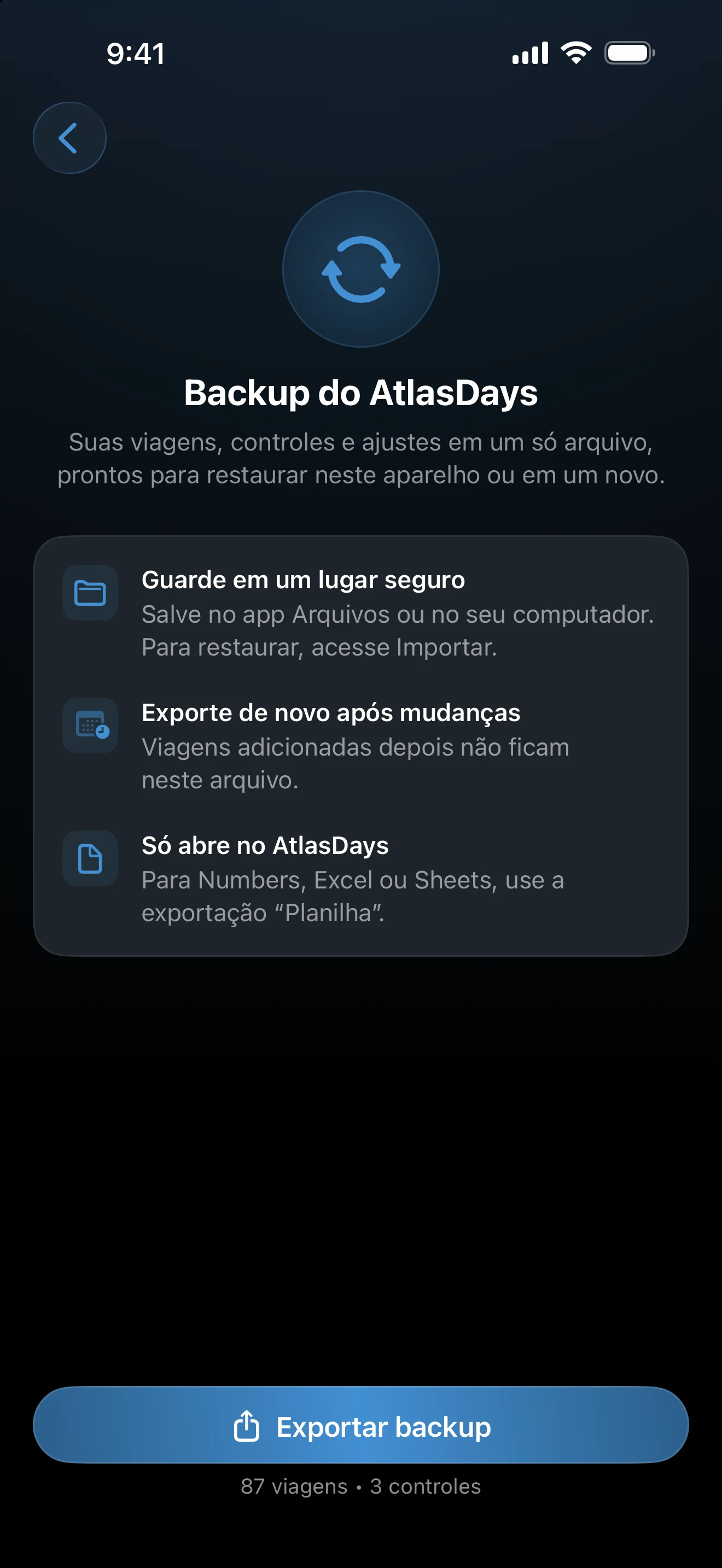 Tela Backup do AtlasDays com o botão Exportar backup e as contagens de viagens e de controles