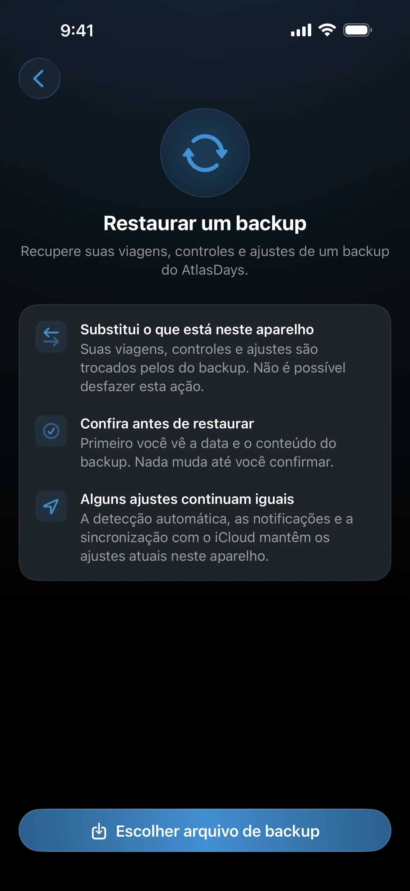 Tela Restaurar um backup com o botão Escolher arquivo de backup