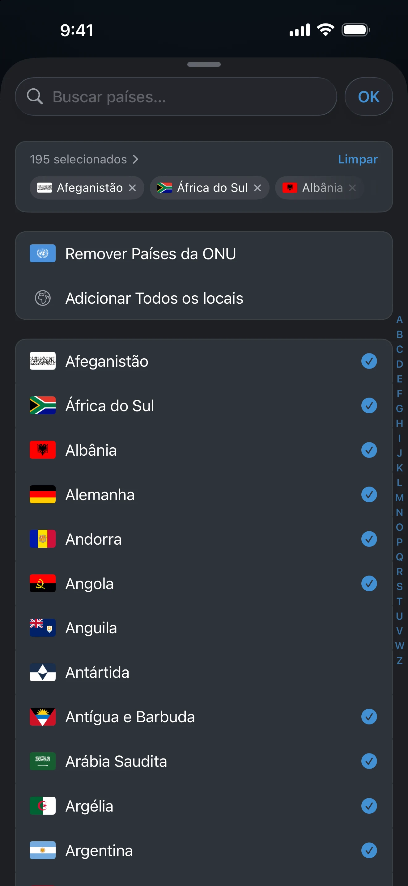 Seletor da Contagem de países com a linha do modelo Países da ONU acima da lista de lugares