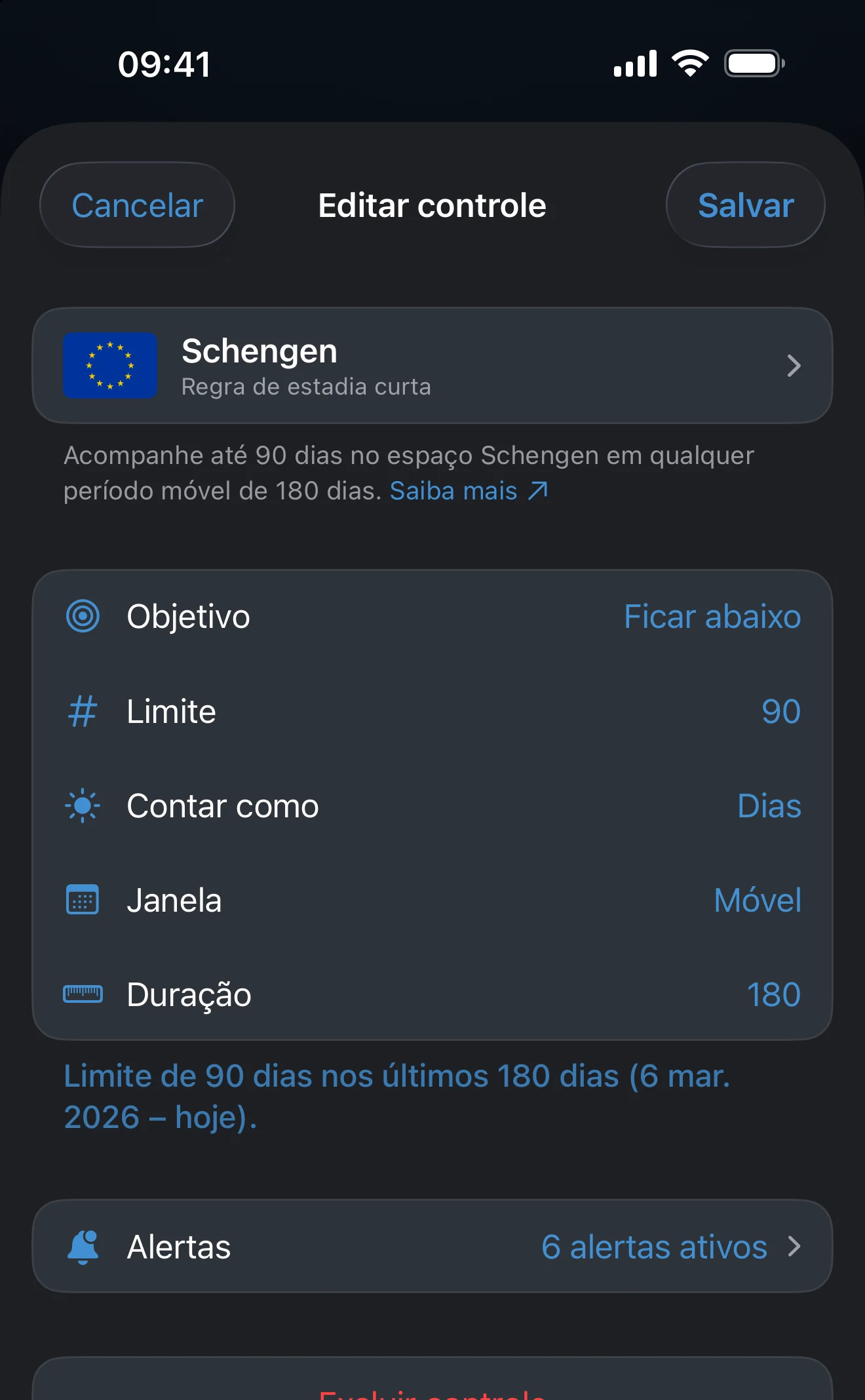 Editor de controle configurado mostrando os locais, a janela e o limite