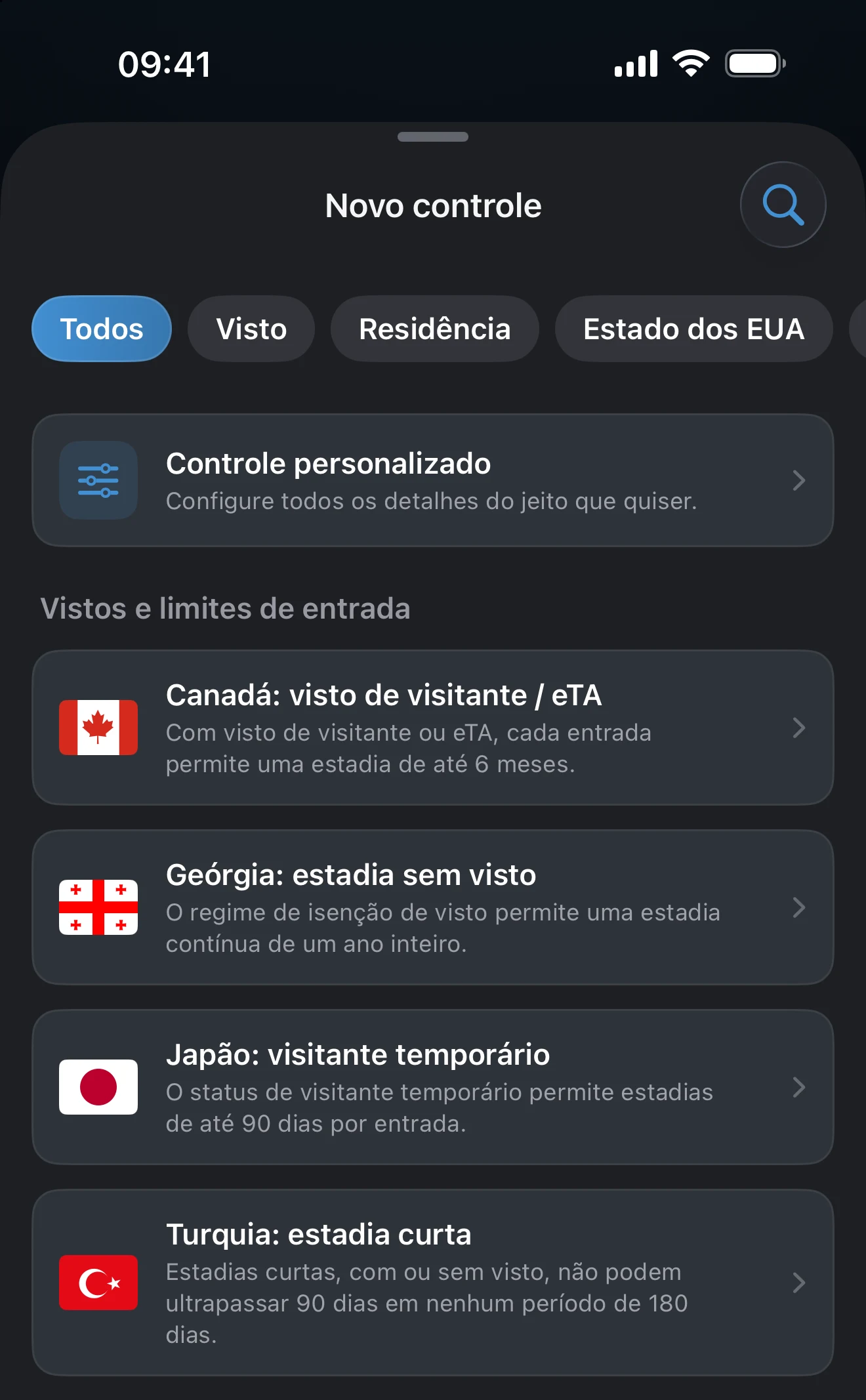 Lista de modelos de controle com as regras disponíveis no filtro selecionado