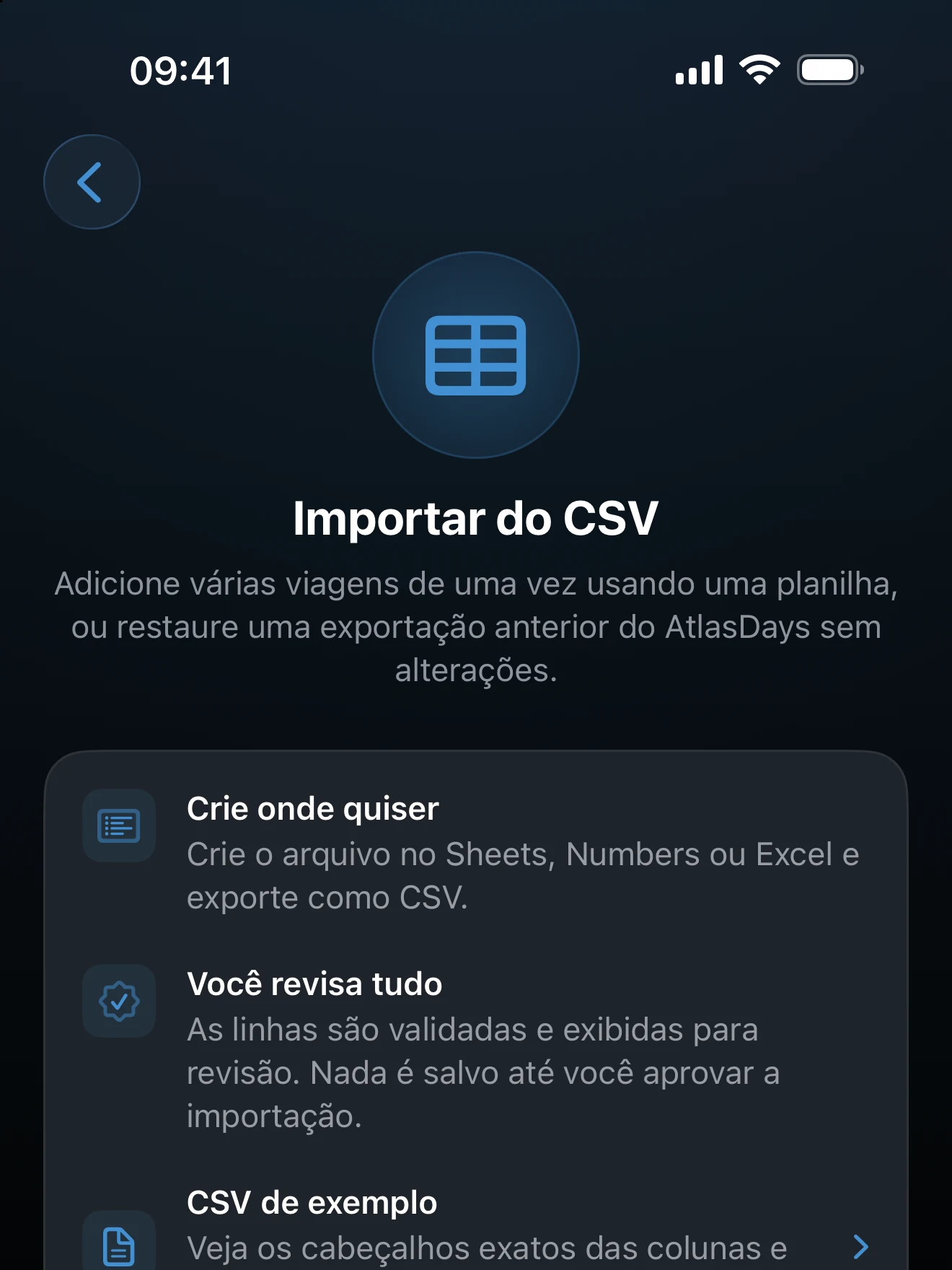 Exemplo e controles de modelo da importação de CSV