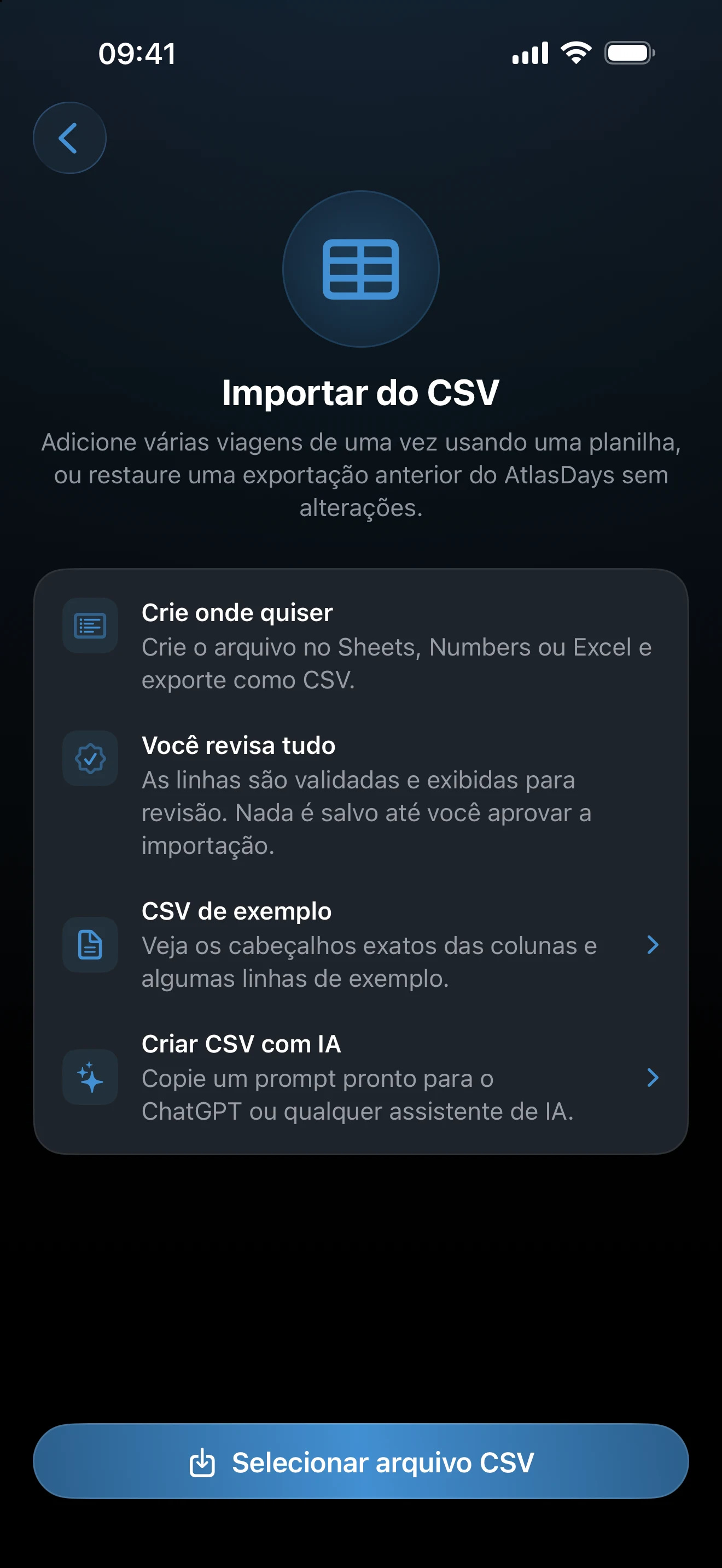 Tela inicial da importação de CSV com os controles do arquivo de exemplo
