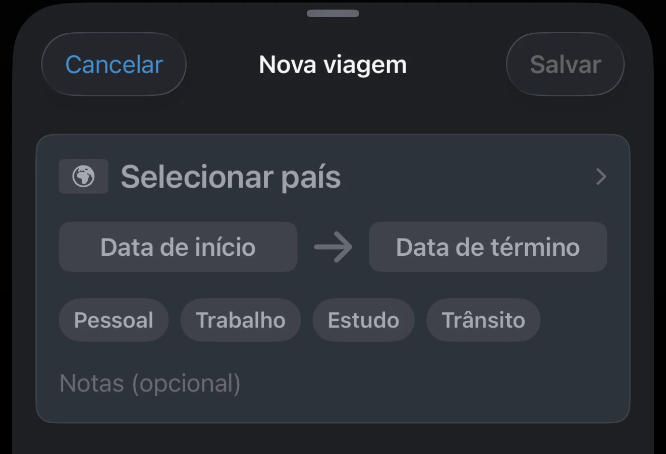 Datas da viagem mostrando a data de início e a de término