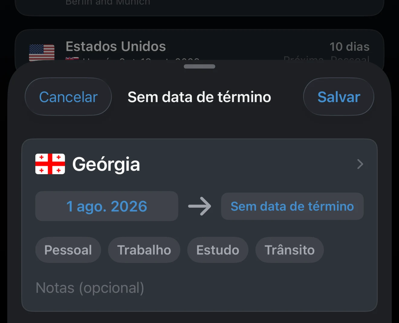 Viagem em andamento sem data de término