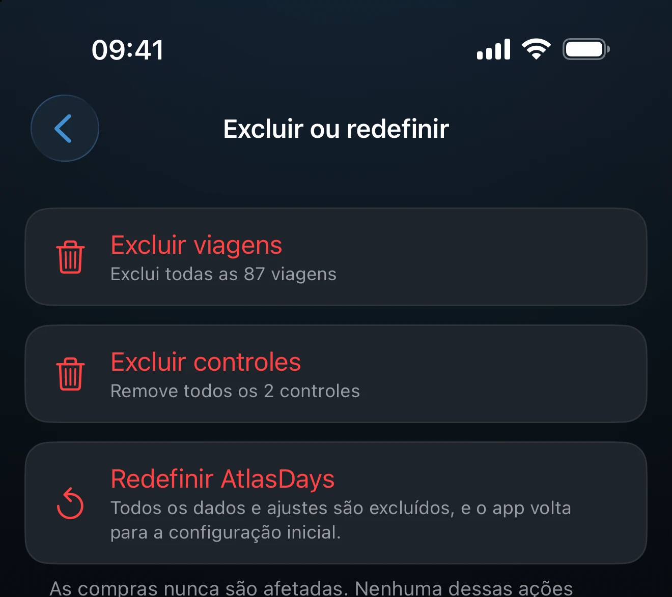 Tela Excluir ou redefinir com a lista de ações disponíveis