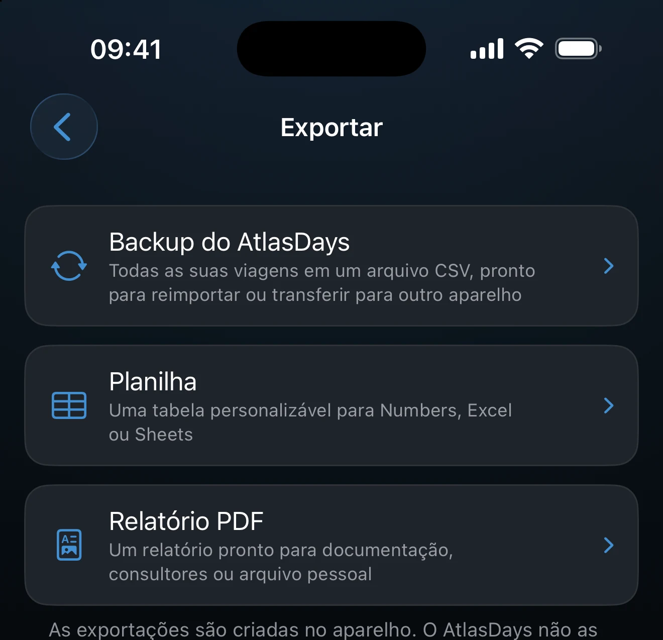 Tela de exportação com as opções Backup do AtlasDays, Planilha e PDF