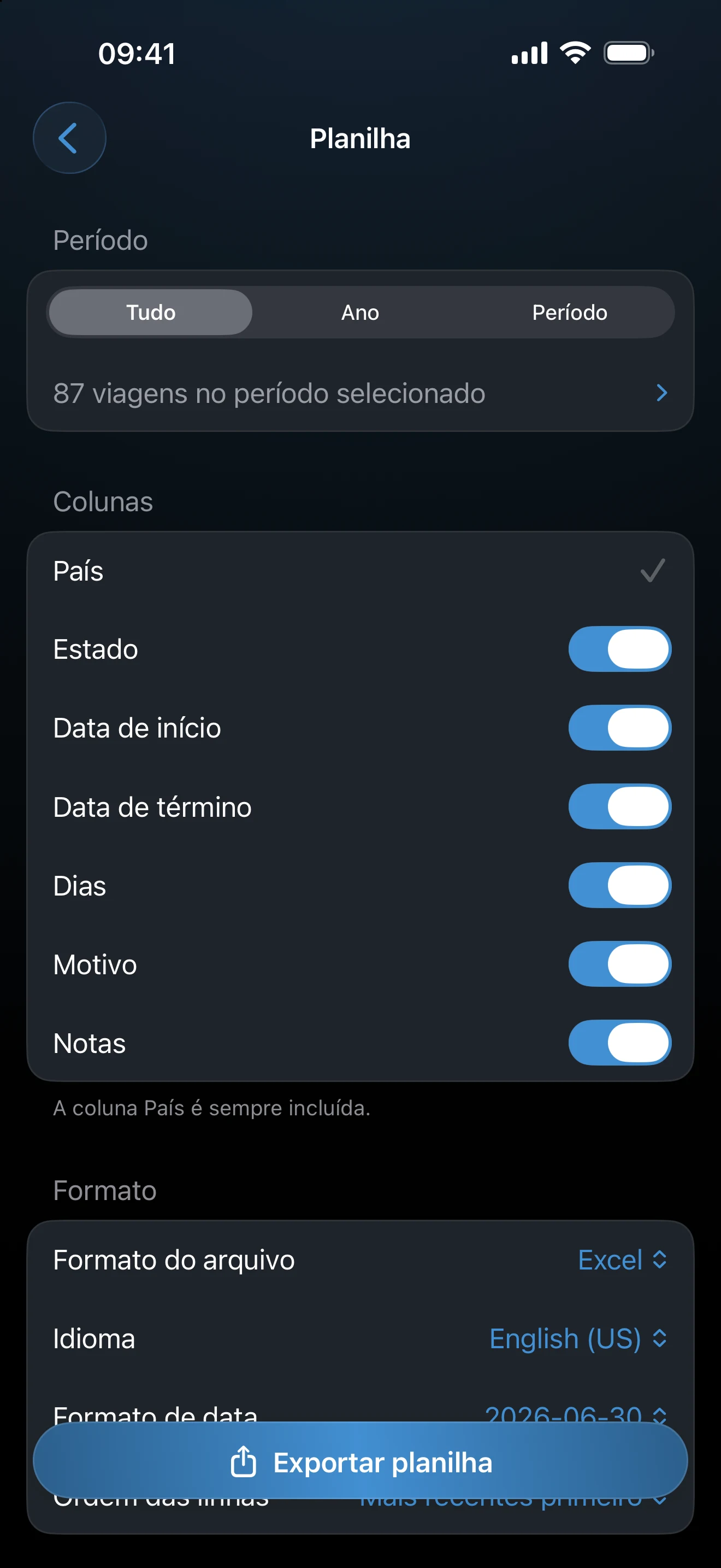 Configuração da exportação de planilha com opções de formato e de data
