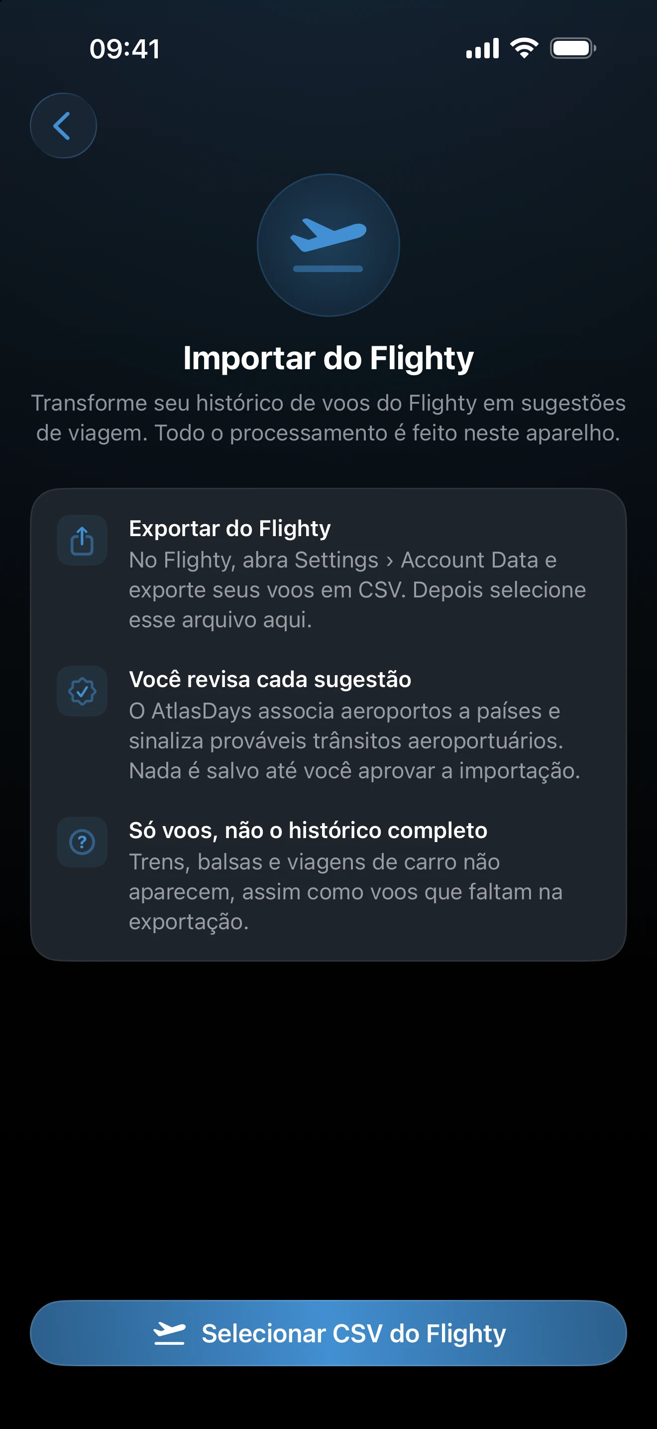Tela inicial da importação do Flighty