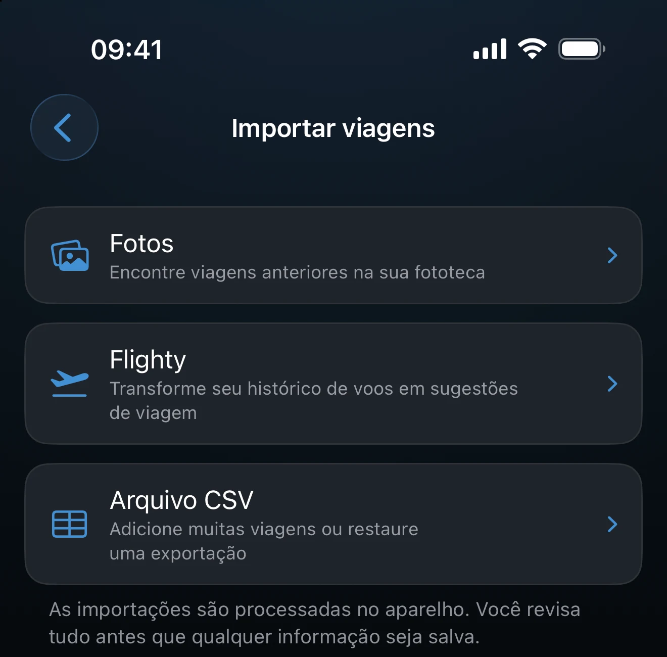 Tela de importação com as opções Fotos, Flighty e CSV