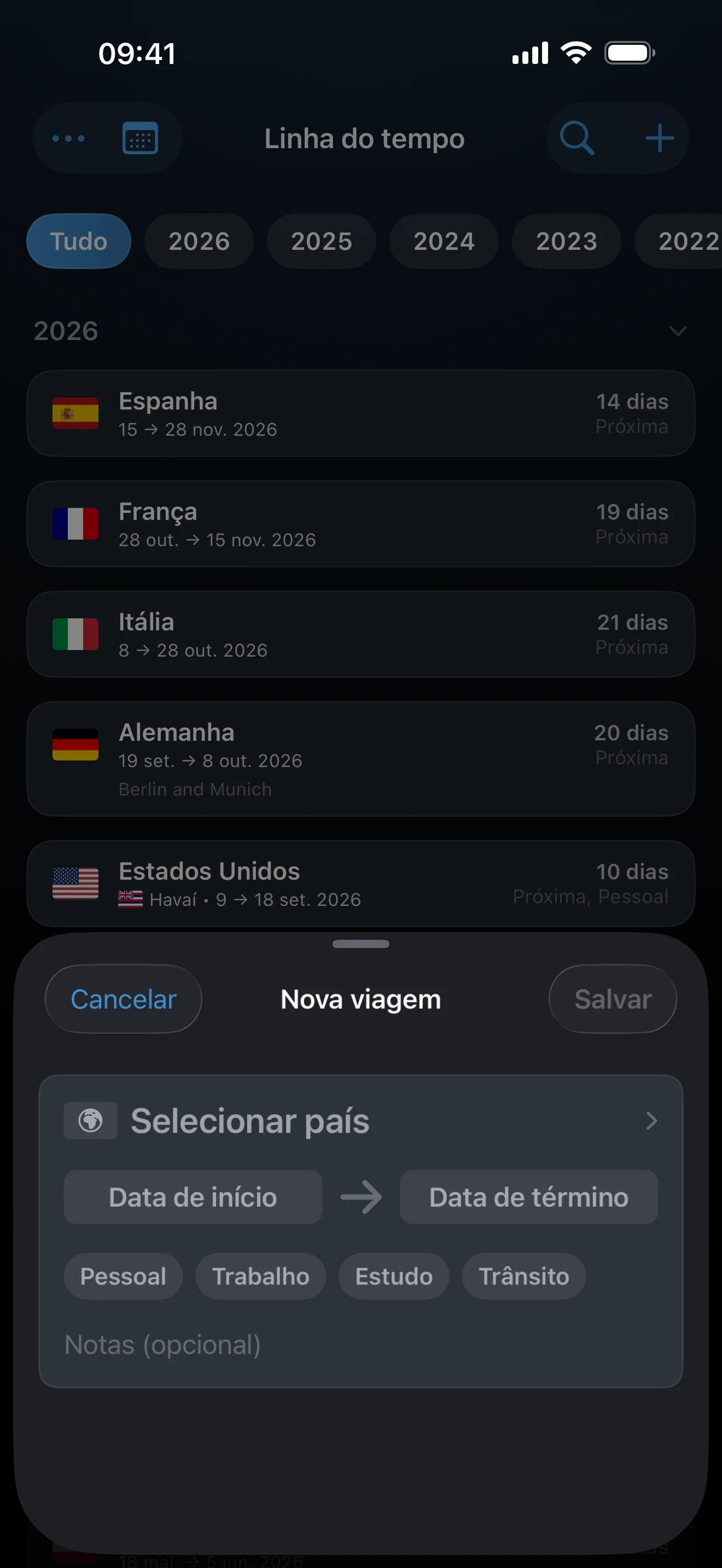 Tela de adicionar viagem com país, datas e motivo