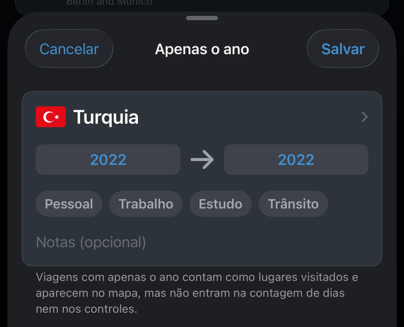 Viagem com apenas o ano, com ano de início e ano de término