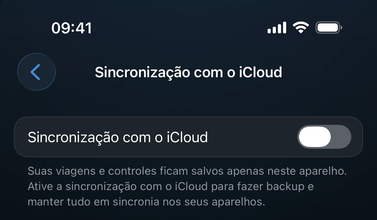 Ajustes da Sincronização do iCloud mostrando o status, a última atividade e a contagem de dados