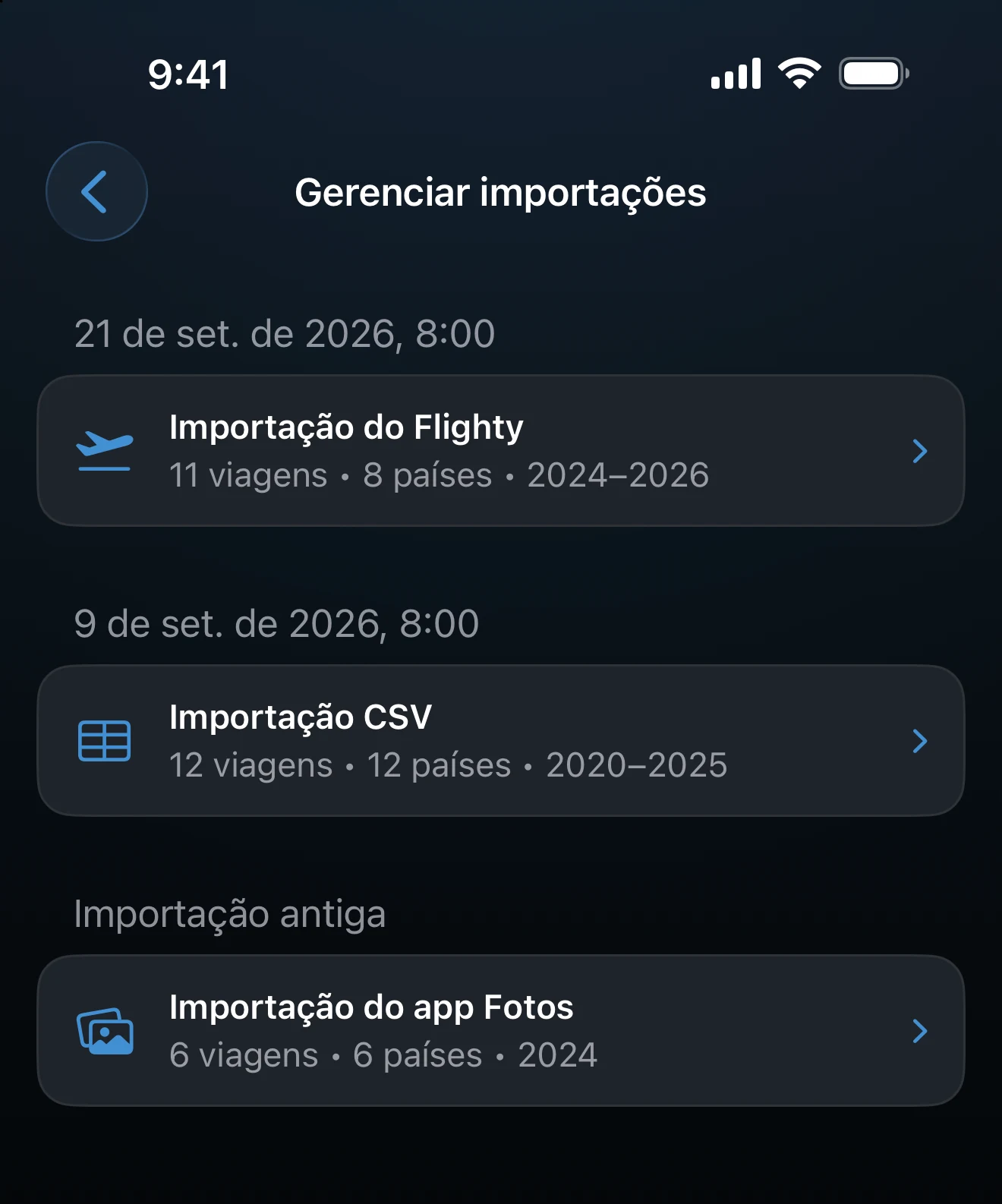 Gerenciar importações listando cada importação com o número de viagens e de países