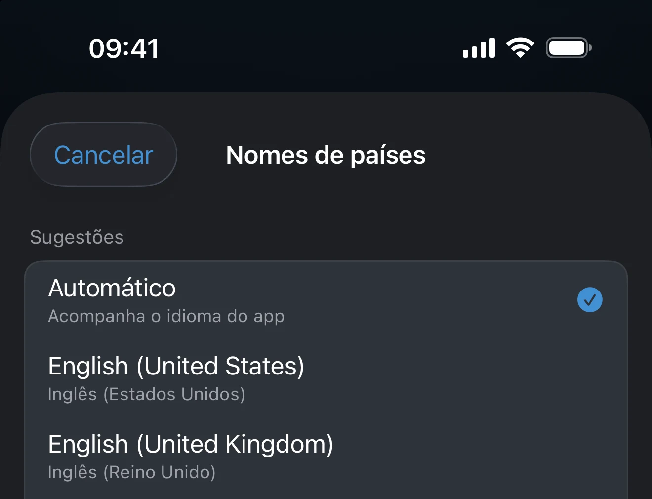 Seletor de idioma dos nomes de países