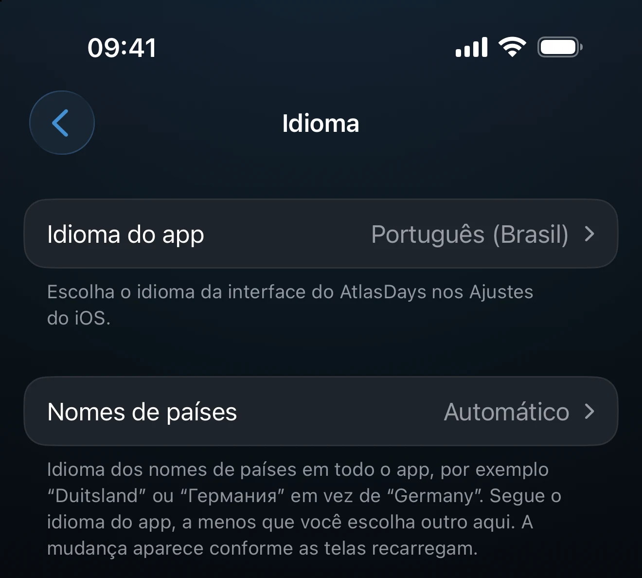 Ajustes de idioma mostrando as opções de interface e de nomes de países