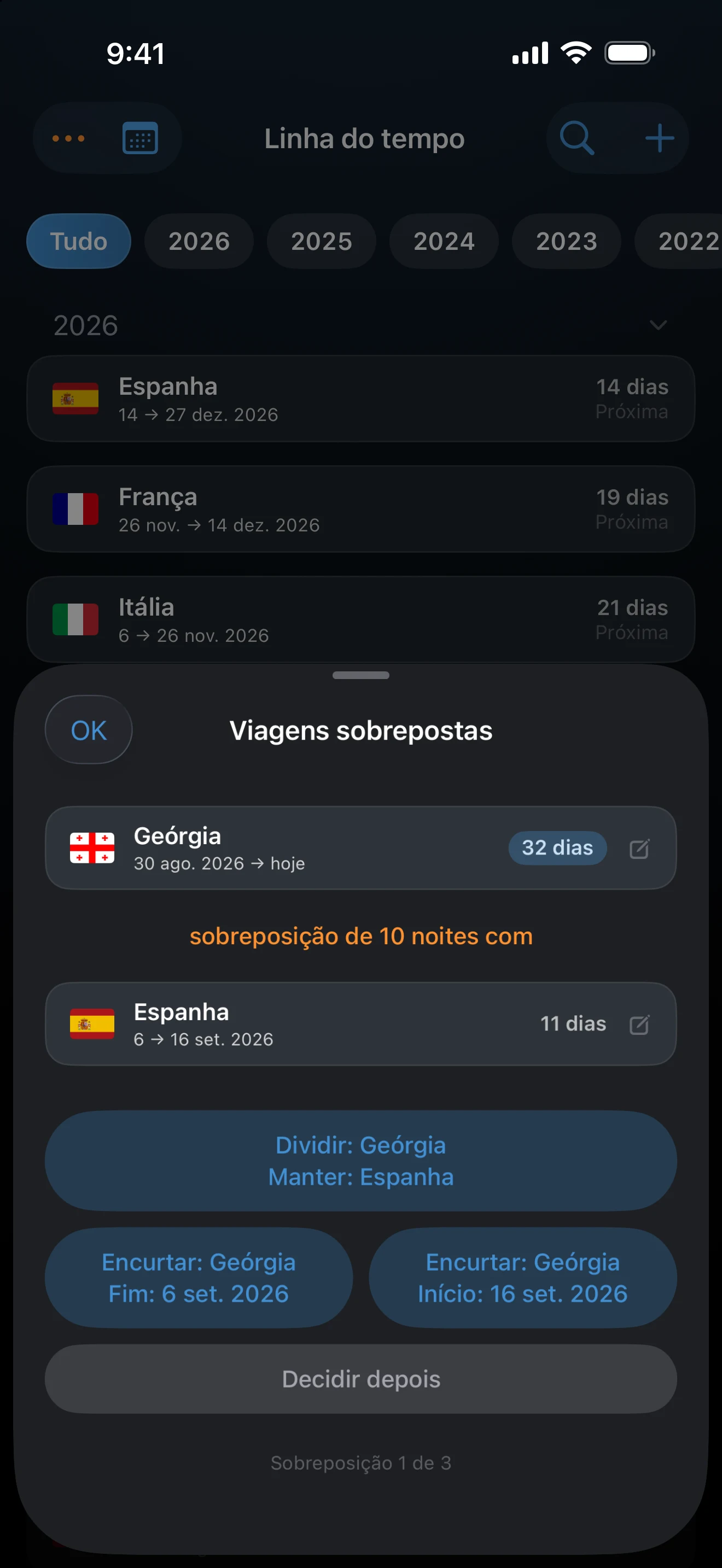 Tela Viagens sobrepostas com as opções de encurtar para duas viagens