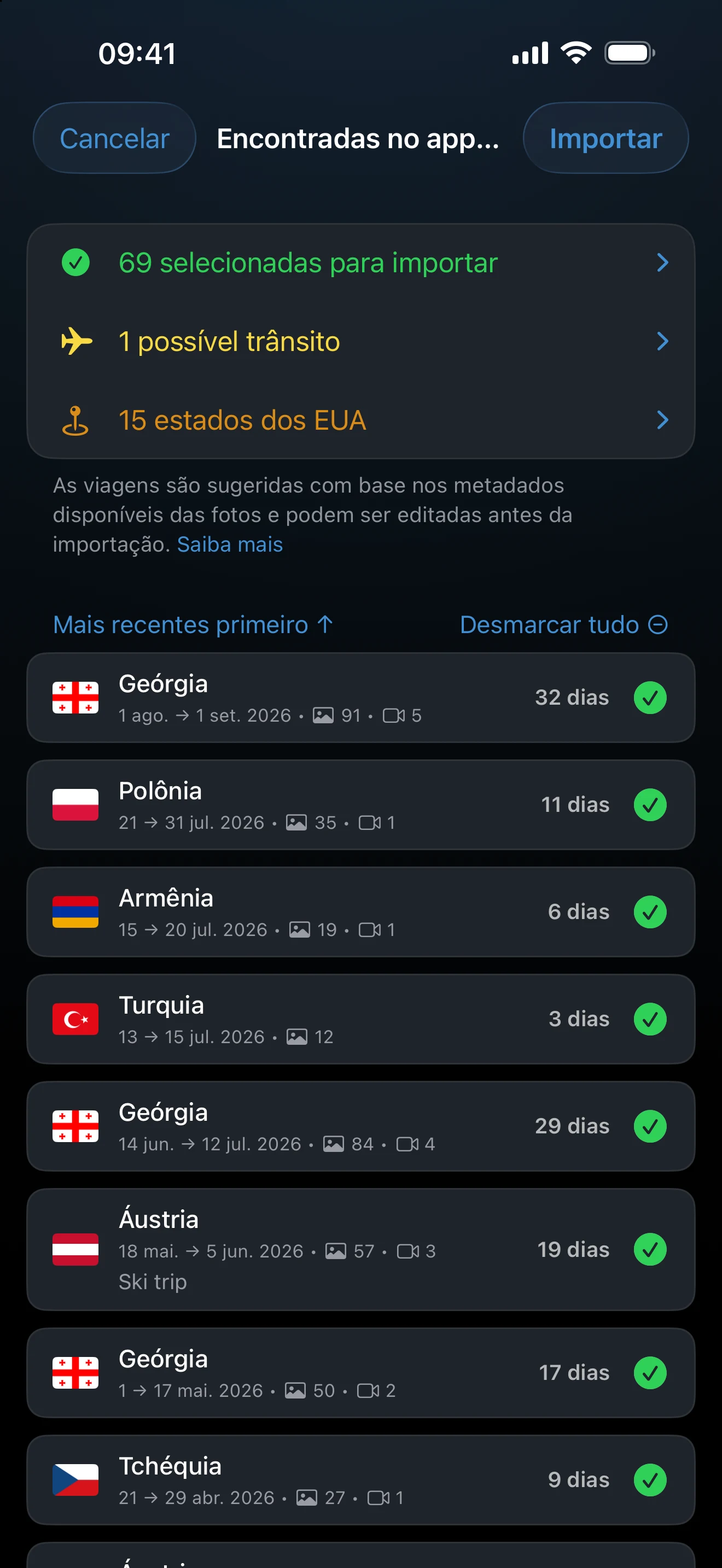 Revisão da importação de fotos com viagens propostas e avisos