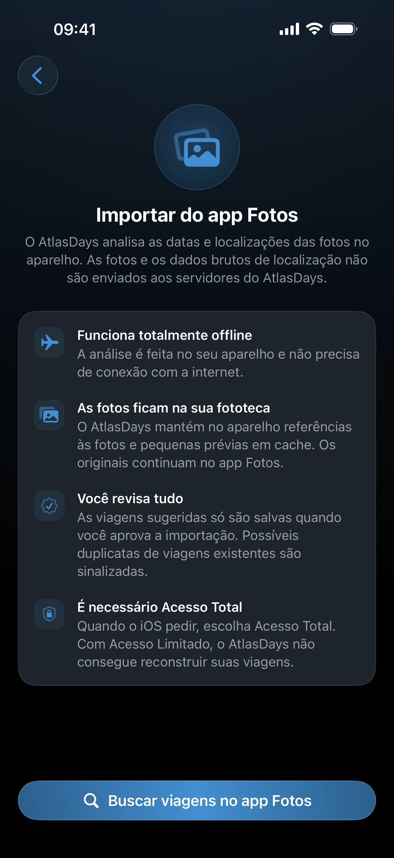 Tela inicial da importação de fotos