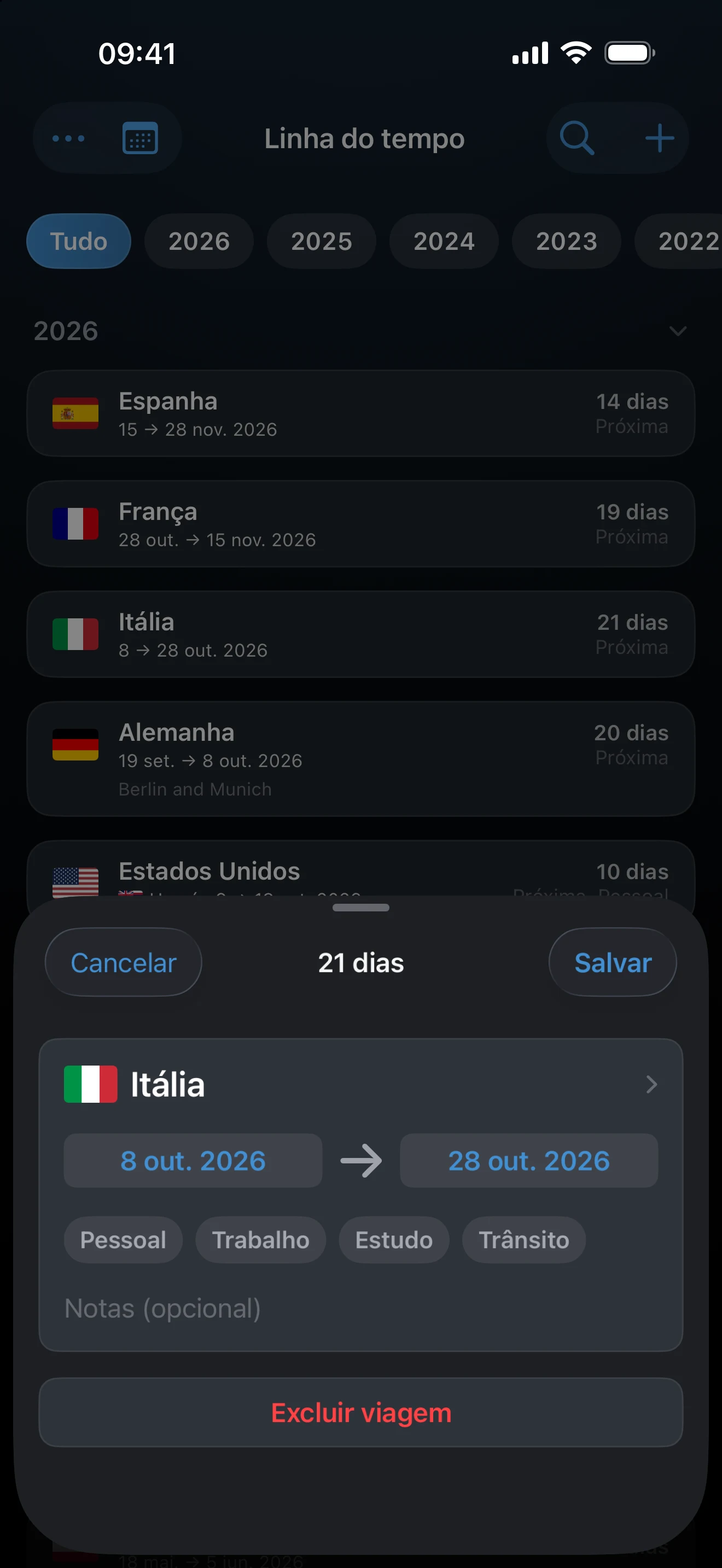 Tela de nova viagem com datas futuras preenchidas