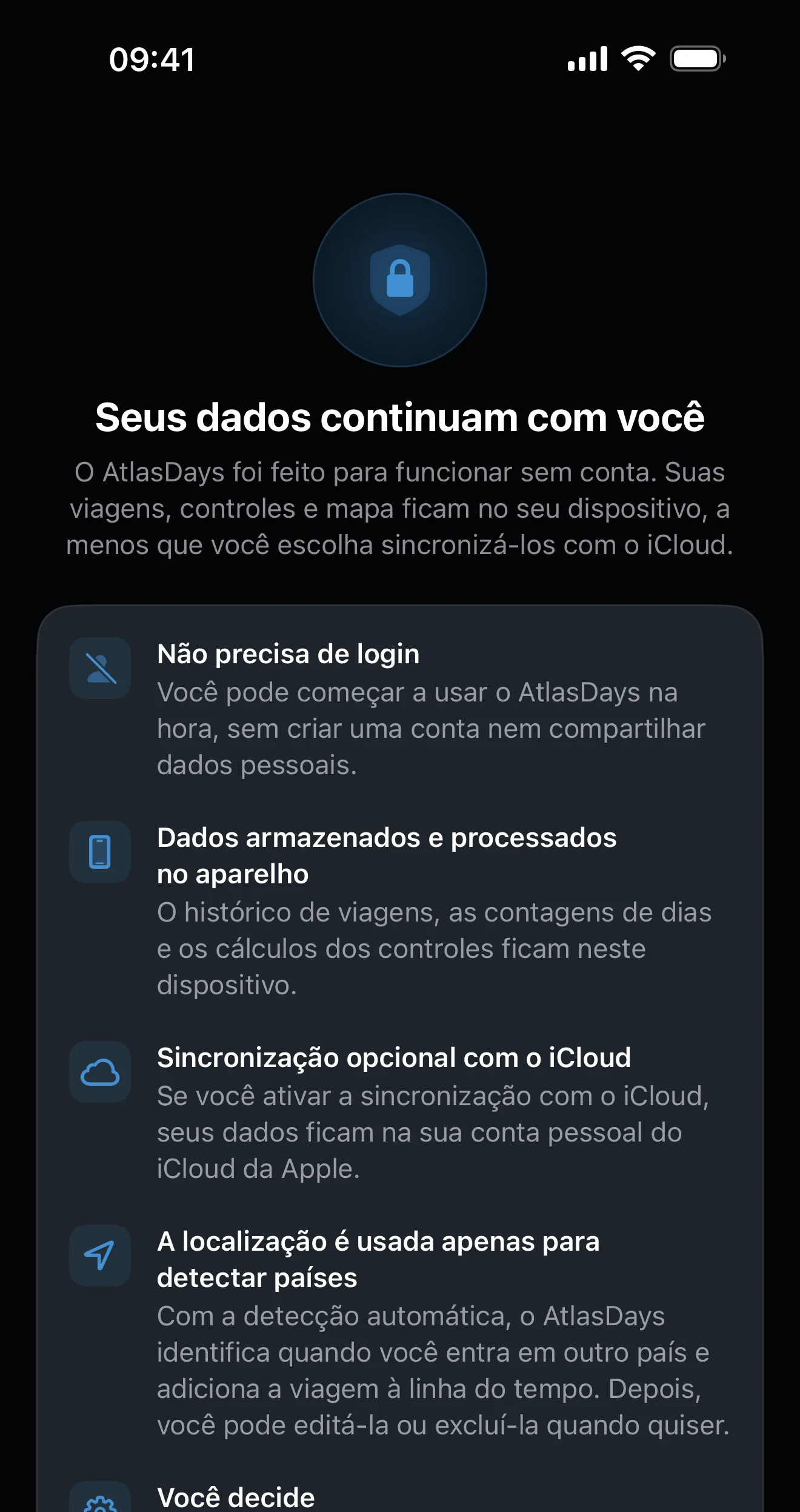 Tela de privacidade do AtlasDays com os resumos de dados e permissões