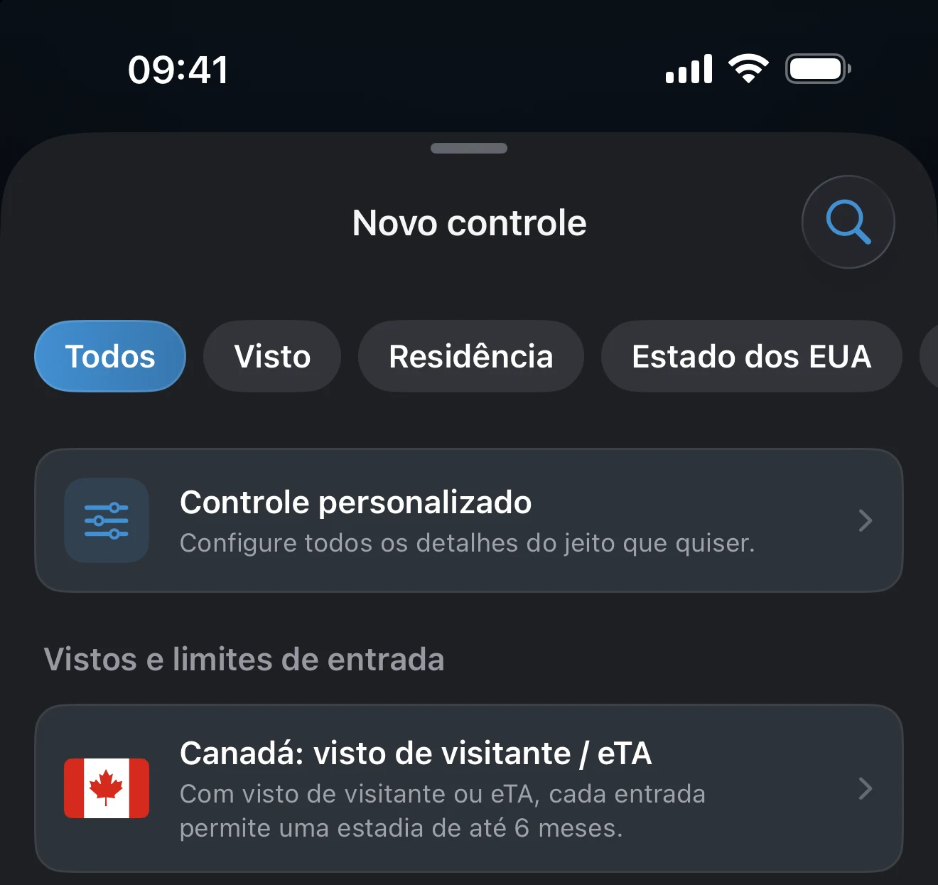 Tela de adicionar controle com o filtro Visto selecionado
