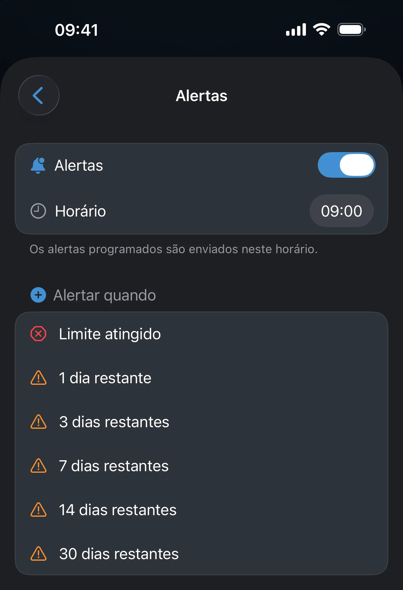 Tela de alertas do controle com o horário de envio e a lista de limites