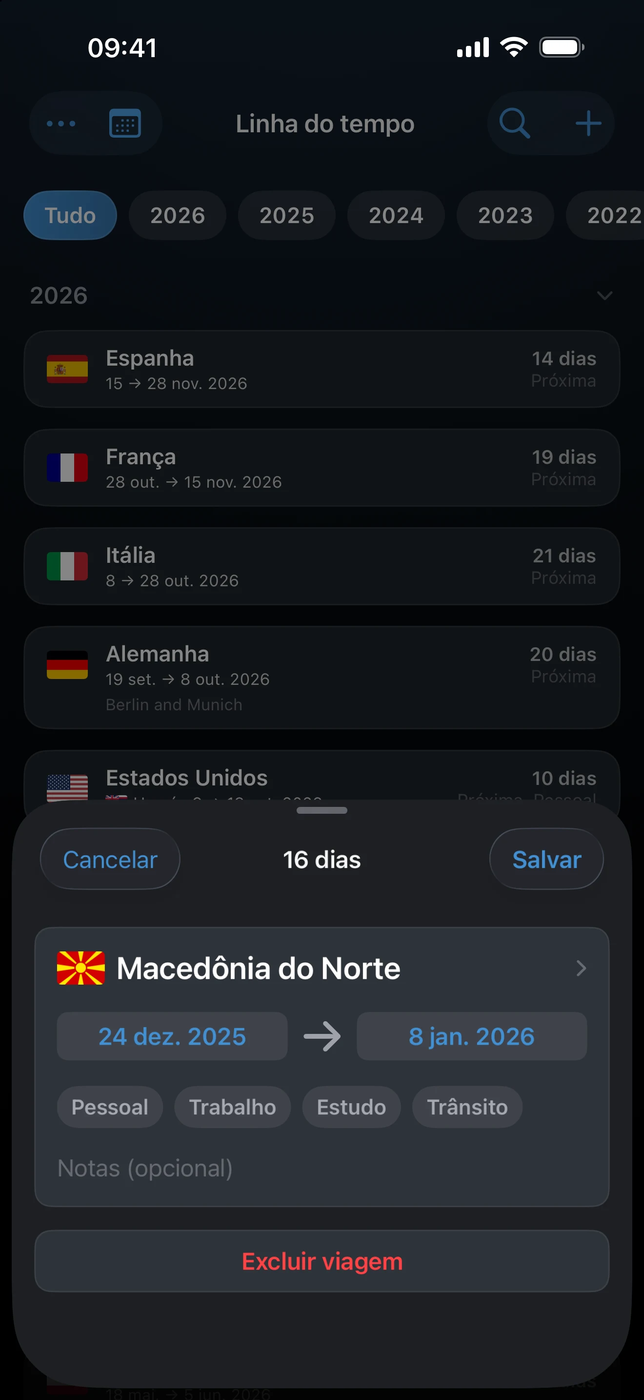 Tela de edição da viagem mostrando o país e as datas