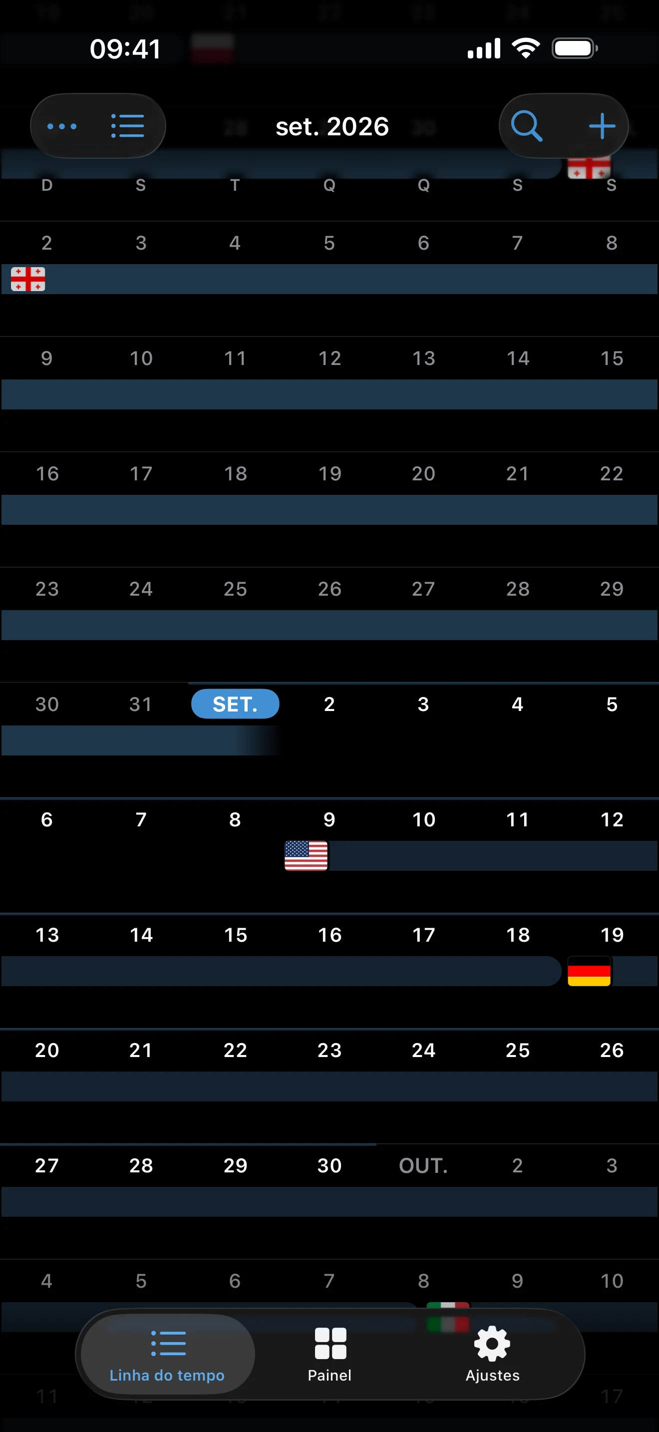 Visão de calendário com viagens que ocupam várias datas