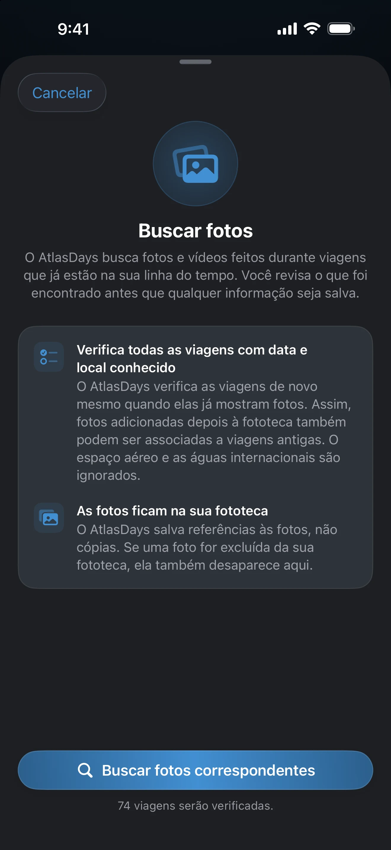 Tela Buscar fotos com o botão Buscar fotos correspondentes