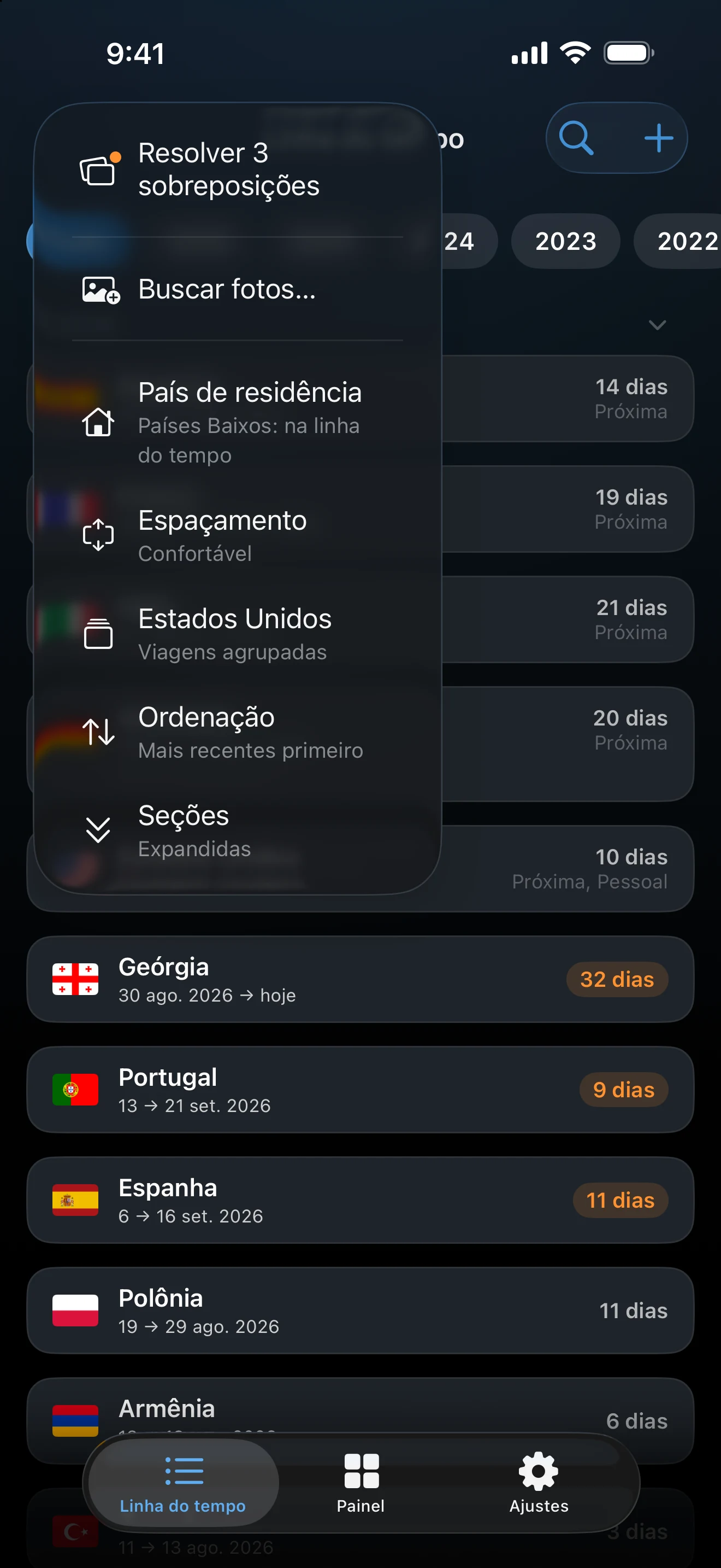 Menu da Linha do tempo com Resolver sobreposições, Buscar fotos, País de residência, Espaçamento, Estados Unidos, Ordenação e Seções