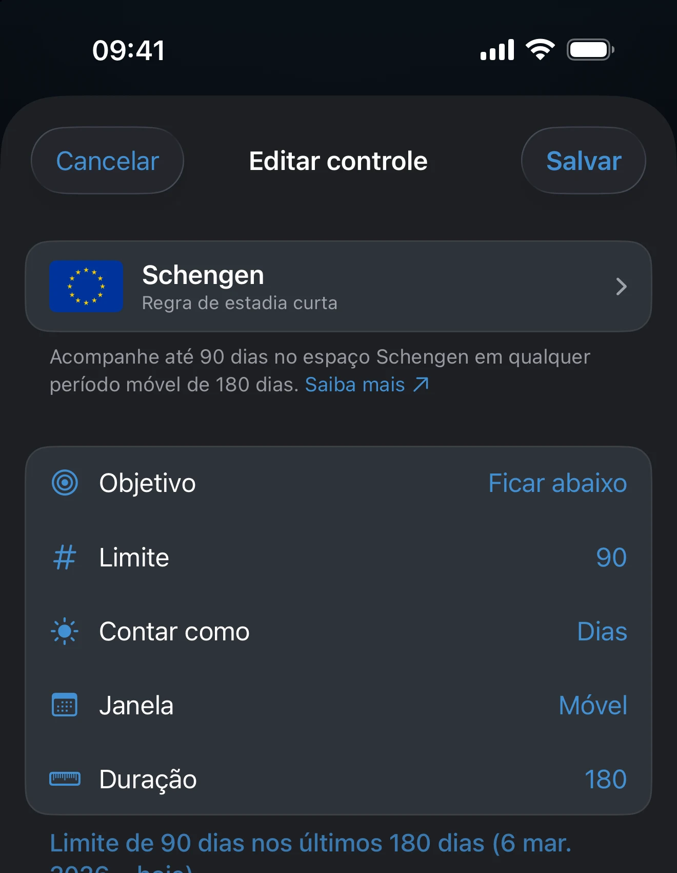 Editor de controle mostrando os seletores de limite e de janela
