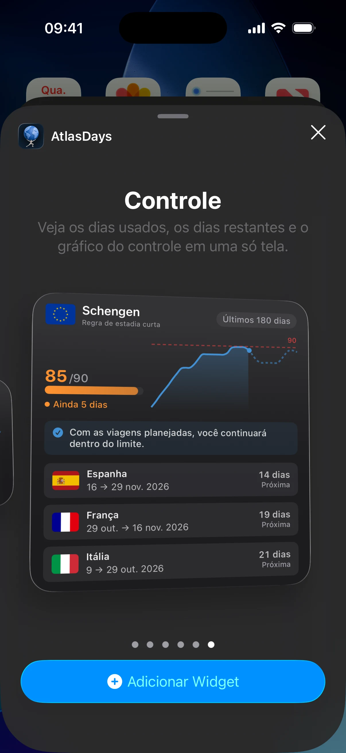 Galeria de widgets do iOS mostrando os widgets Controle e Mapa-múndi do AtlasDays
