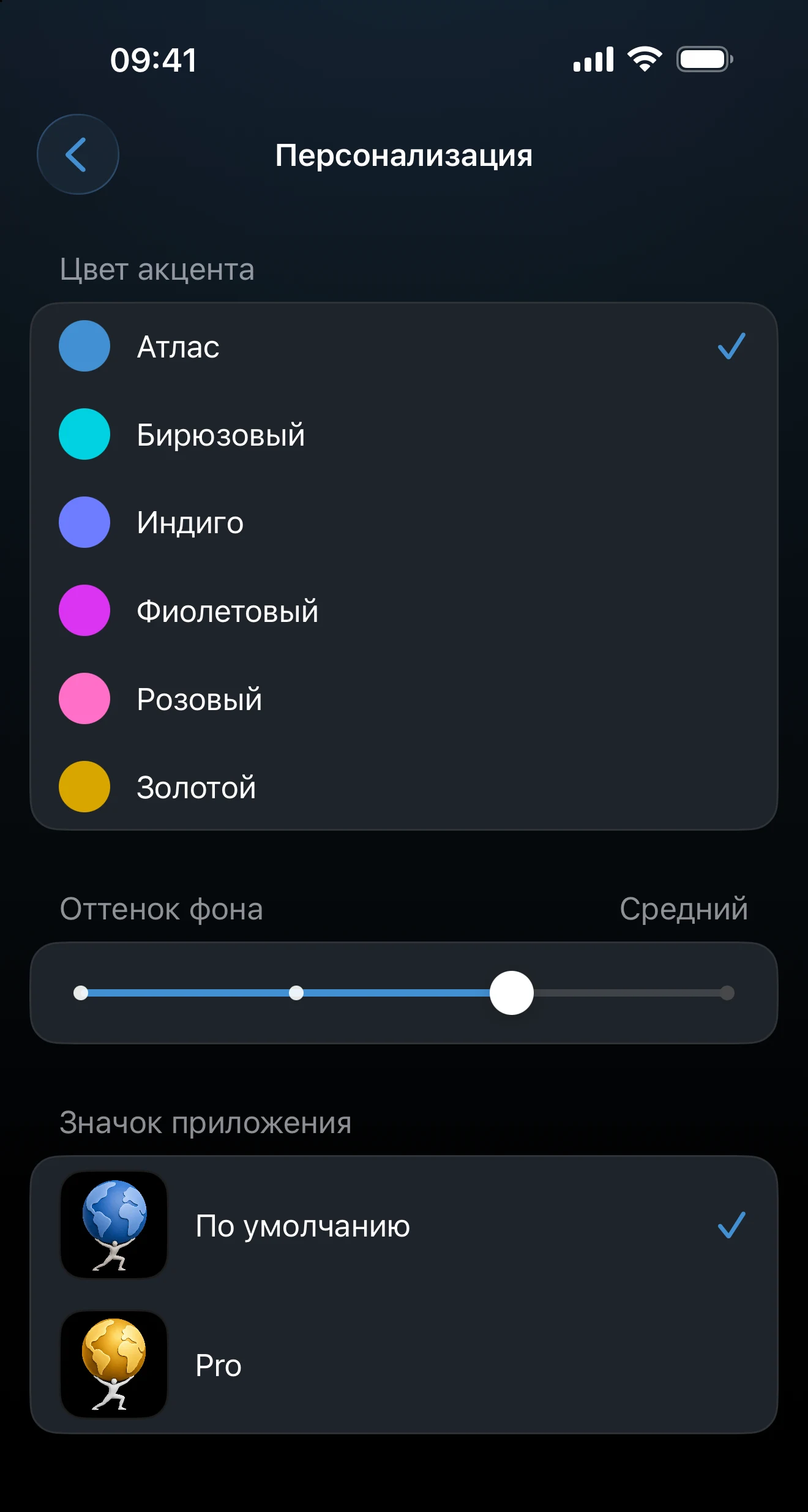 Экран «Персонализация» с цветом акцента, оттенком фона и значком приложения