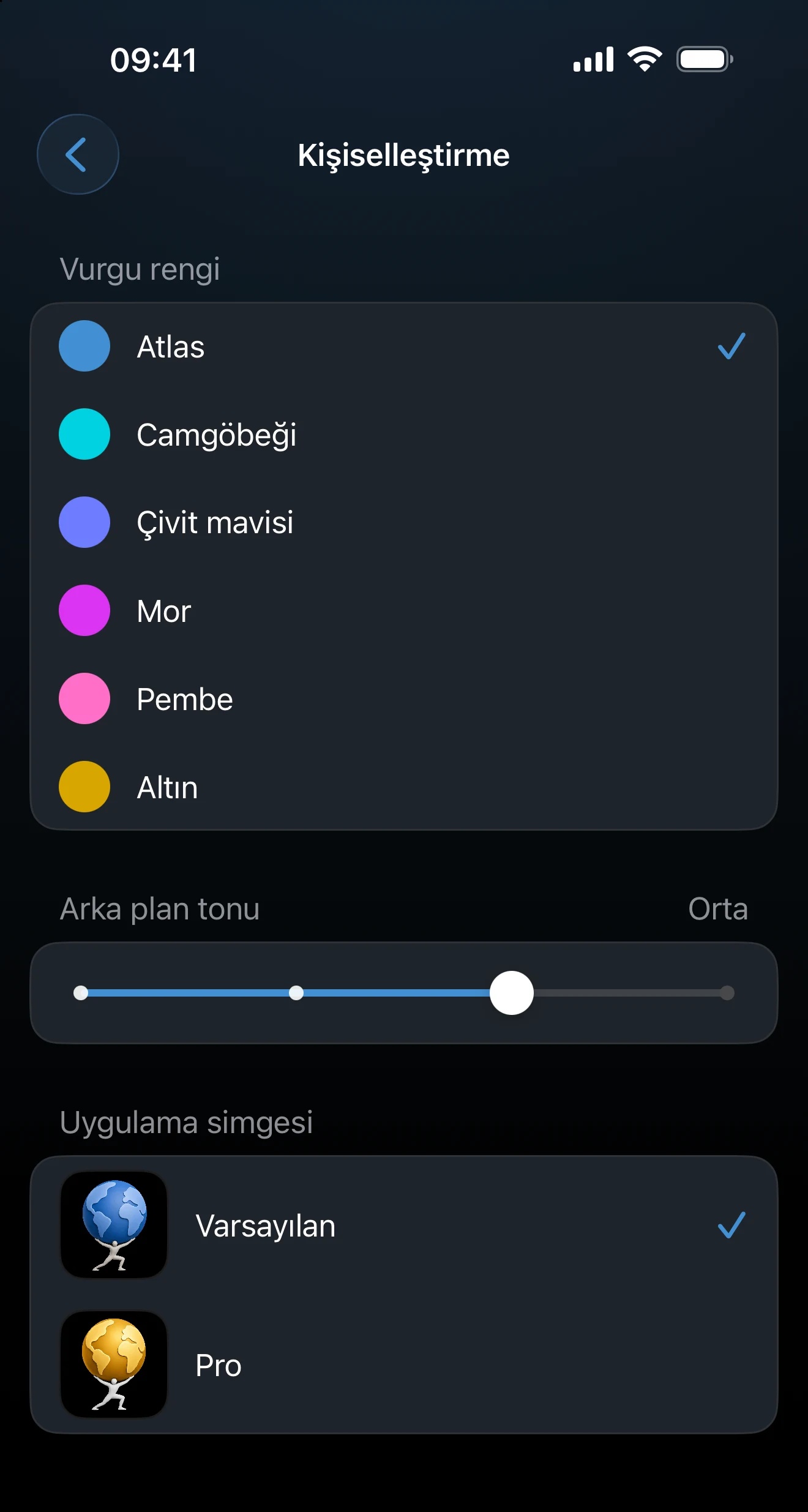 Vurgu rengi, arka plan tonu ve uygulama simgesinin bulunduğu Kişiselleştir ekranı