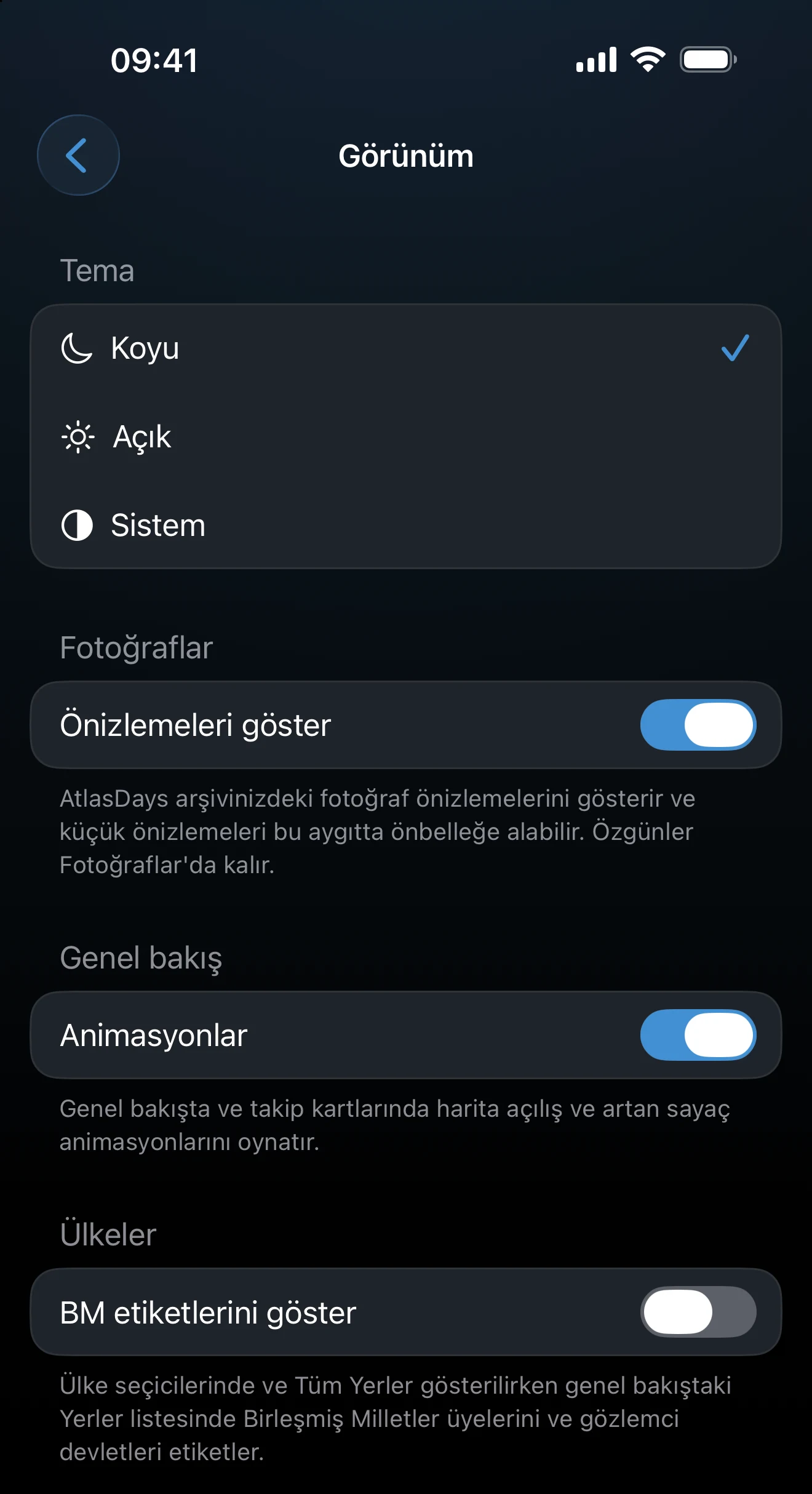 Tema ve vurgu seçeneklerinin bulunduğu görünüm ve kişiselleştirme ayarları
