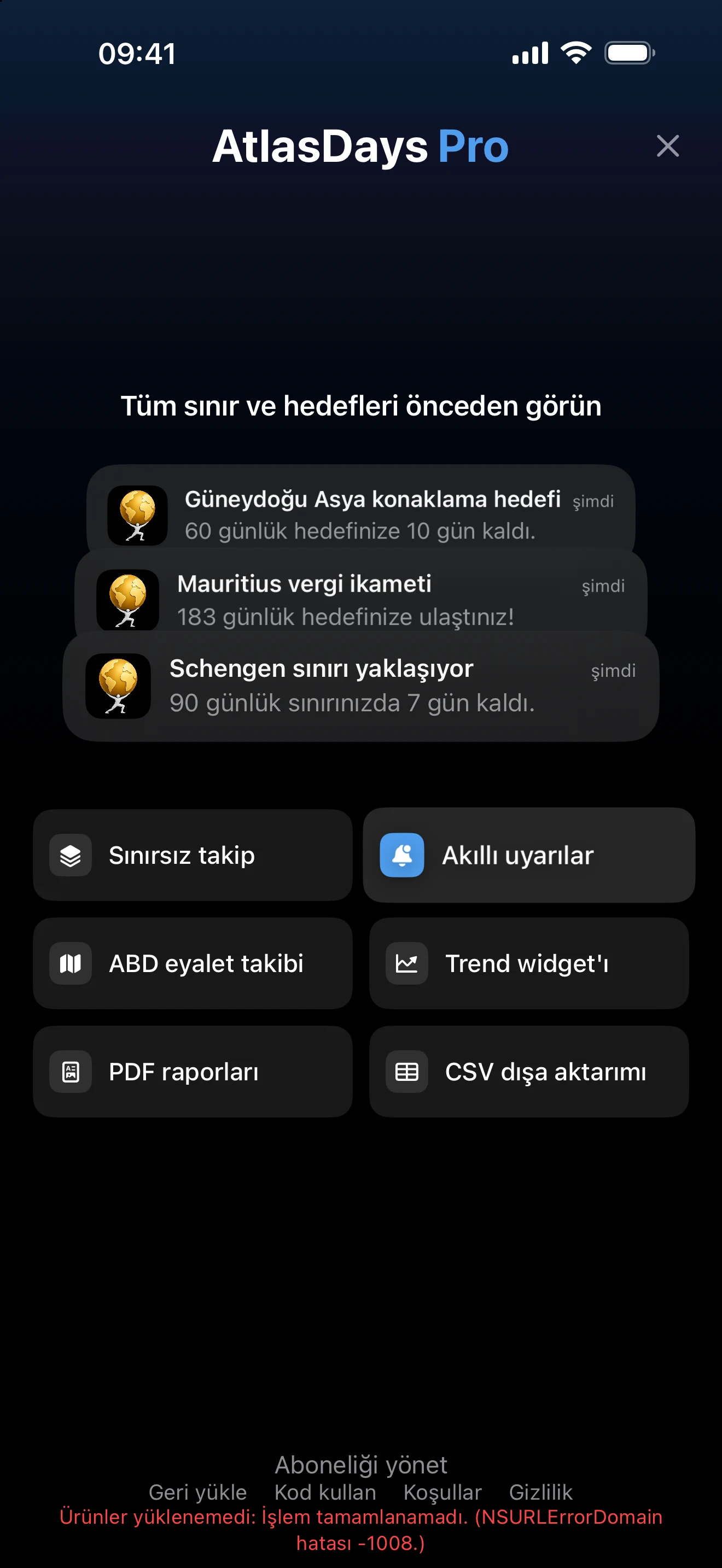 Özellik listesini gösteren güncel AtlasDays Pro'ya geçiş ekranı