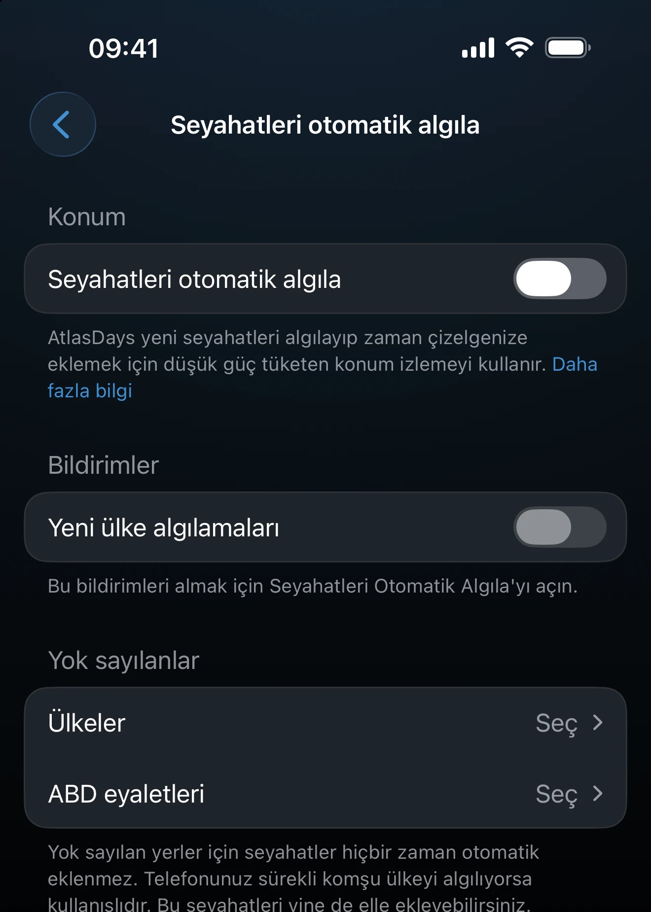 Konum ve bildirim denetimlerinin bulunduğu Seyahatleri otomatik algıla ayarları